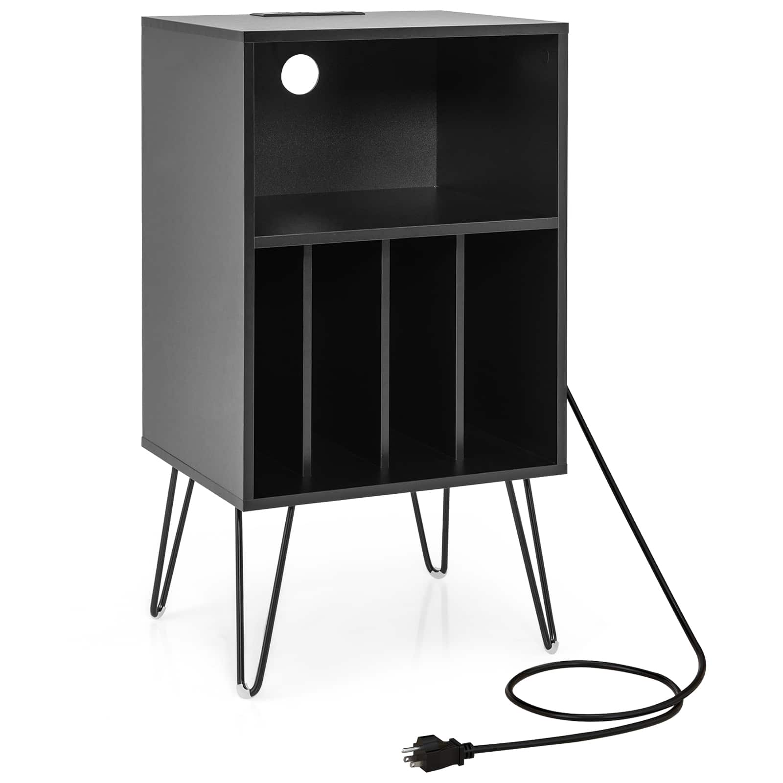 Ecooso - Record Player Stand with Charging Station, Turntable Table for Living Room or Bedroom - Black