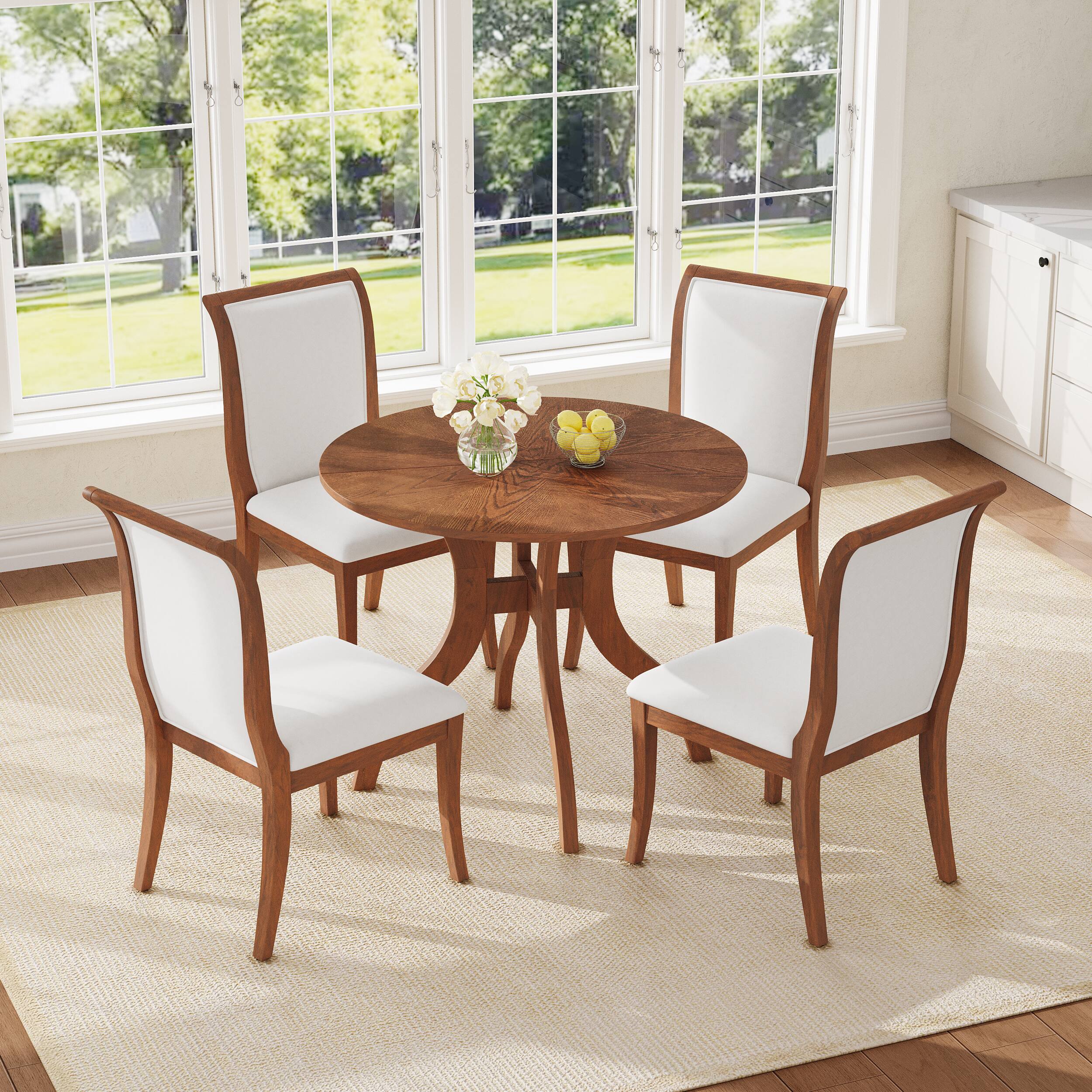 Left. TinyHomie - Dining Table Set 39.4in Round Table 2 Chairs Traditional Solid Wood Kitchen Set with Inlaid Tabletop Elegant Curved Legs - White and Walnut.