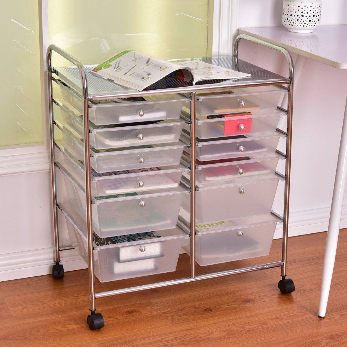 Left. Sugift - 12 Storage Drawer Organizer Bins Rolling Cart - White.