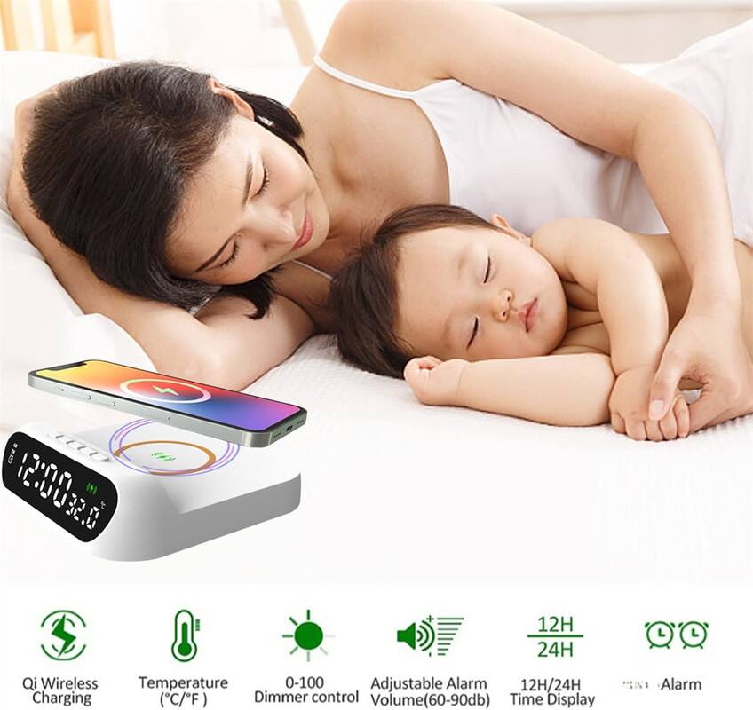 1. Qi Wireless Charging
2. Temperature (°C/°F)
3. 0-100 Dimmer control
4. Adjustable Alarm Volume (60-90db)
5. 12H/24H Time Display
6. 12H Alarm
7. Time Display