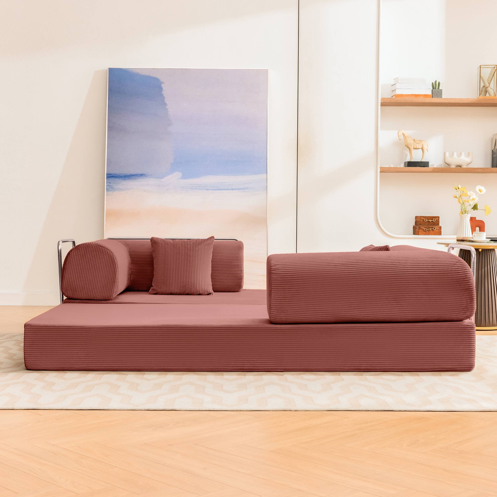 Back. KERDOM - 78 Inch W Sectional Modular Sofa, 3-4 Person Corduroy Sofa Bed Foldable, High Rebound Density Sponge Sofa, Block Couch - Pink.