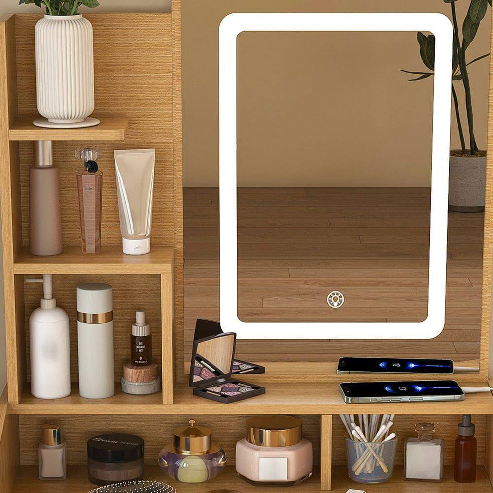 Alt View 7. Kadyn - Vanity Table with LED Mirror and Power Outlet, Compact Dressing Desk - Wood Tone - Brown.