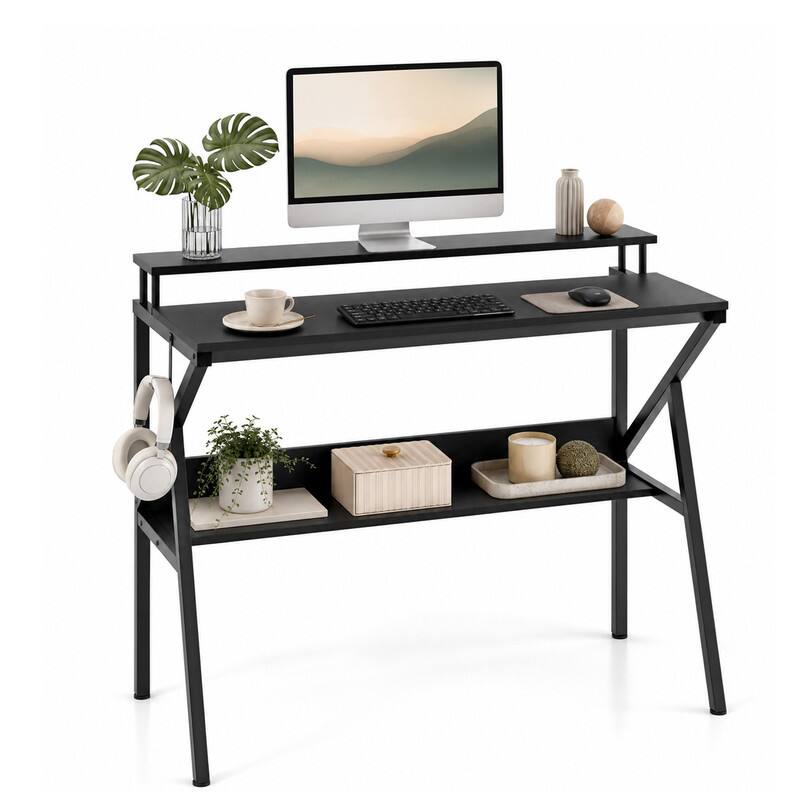 Alt View 4. WELLFOR - 39.5 " Modern Computer Desk with Monitor Stand & Storage Shelf, Small Gaming Desk for Home Office - Black.