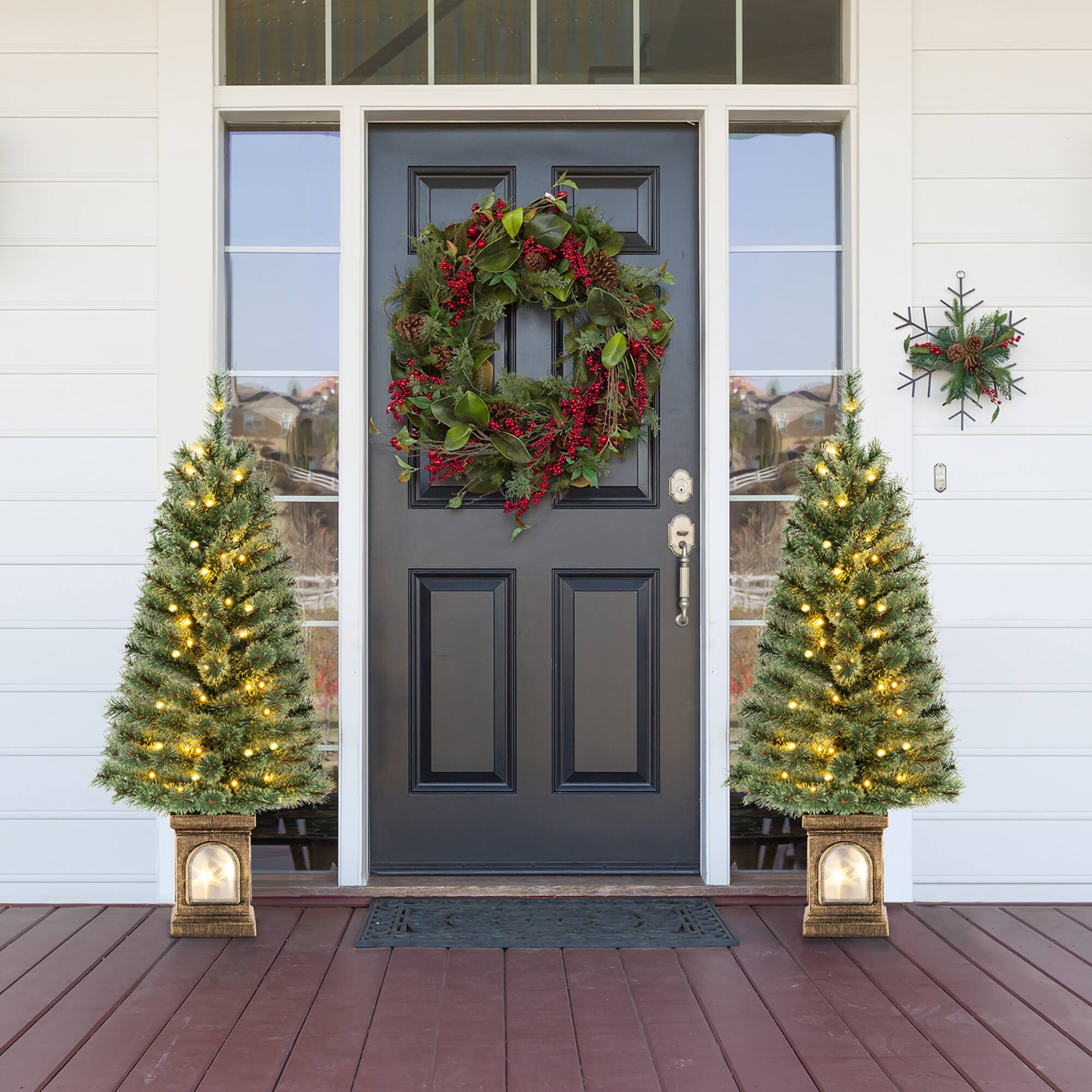 Alt View 1. Gymax - Gymax 2 PCS 4 FT Pre-Lit Potted Christmas Tree Artificial Entrance Tree w/ LED Lights & 116 Branch Tips - Green, Gold.