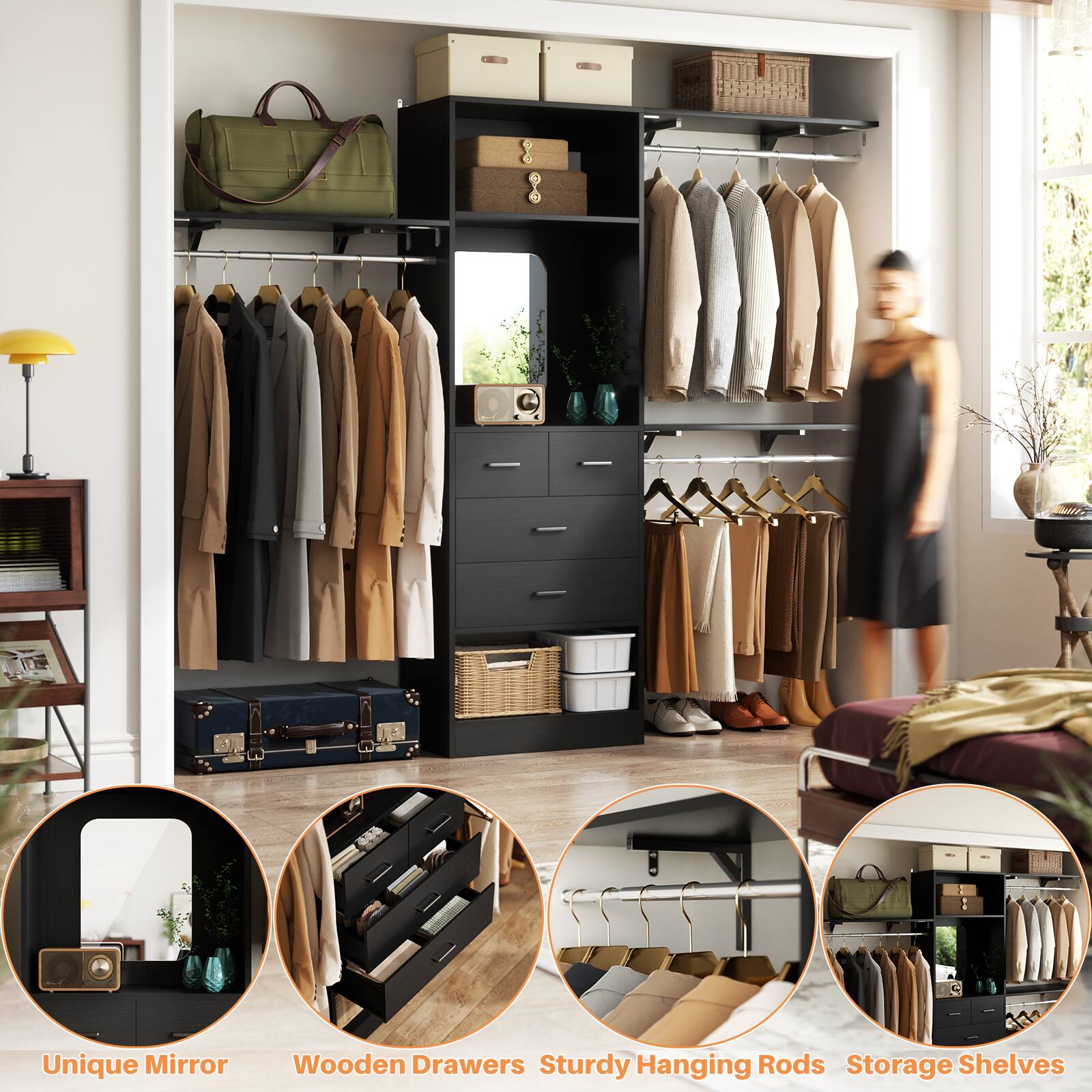 Unique Mirror Wooden Drawers Sturdy Hanging Rods Storage Shelves
