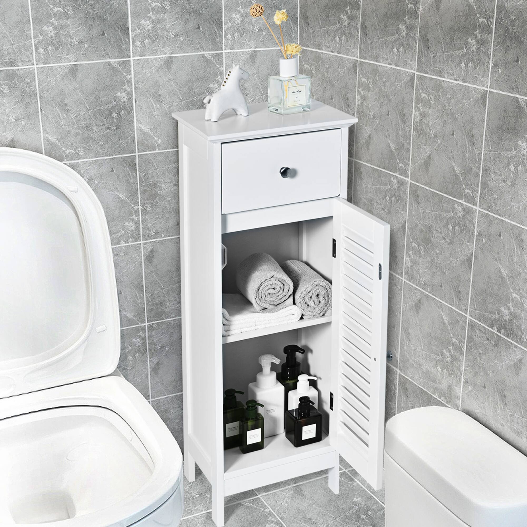 Alt View 1. Gymax - Gymax Bathroom Floor Storage Cabinet Side Wooden Organizer w/ Drawer & Shutter Door - White.