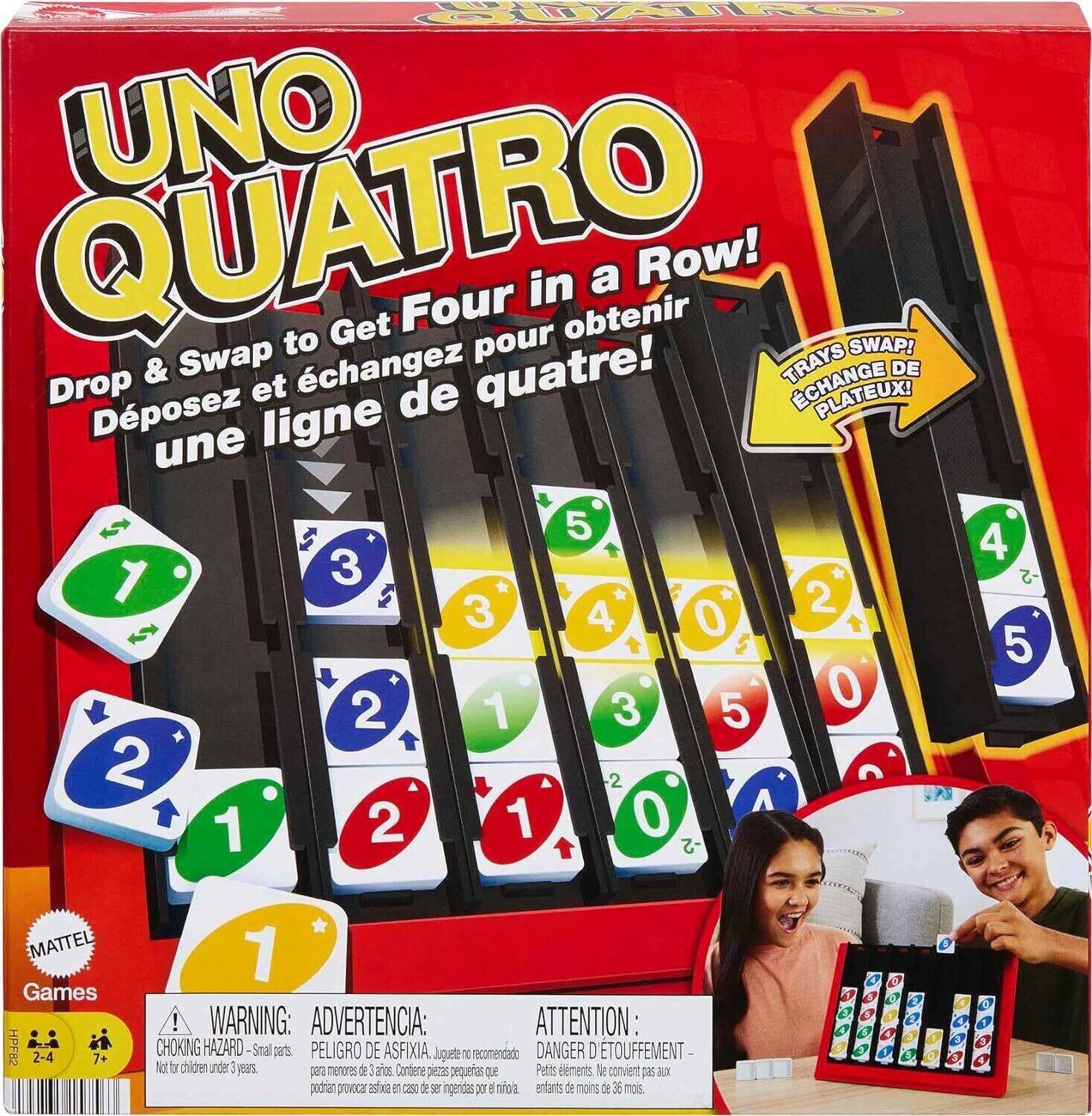 **UNO QUATRO**

Drop & Swap to Get Four in a Row!  
Déposez et échangez pour obtenir une ligne de quatre!

**TRAYS SWAP!**  
CHANGE DE PLATEAUX!

**MATTEL Games**

**WARNING:**  
CHOKING HAZARD - Small parts. Not for children under 3 years.

**ADVERTENCIA:**  
PELIGRO DE ASFIXIA. Juguetes no recomendado para menores de 3 años.

**ATTENTION:**  
DANGER DE TOUFFEMENT - Voici des éléments qui peuvent être ingérés par des enfants de moins de 3 ans.

**2-4 Players**  
**7+**

**Cortene pas que petits éléments peuvent être ingérés par des enfants de moins de 3 ans.**
