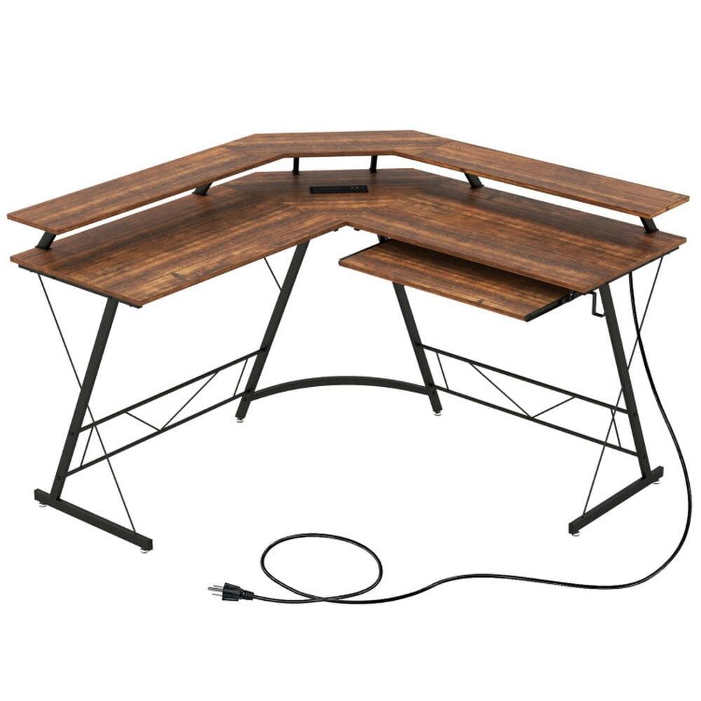 Left. Resenkos - L-shaped Computer Desk with Power Outlet and Monitor Stand-Rustic Brown, Home Office Desks, Computer Desks for Study - Brown.
