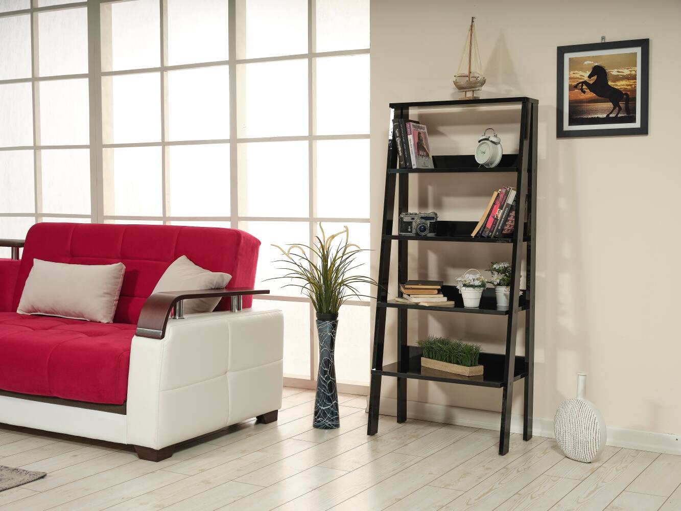 Angle. TinyHomie - Furnish Home Store Otavio 5 Tier Modern Ladder Bookshelf Organizers Wood Frame Bookshelf - Black.