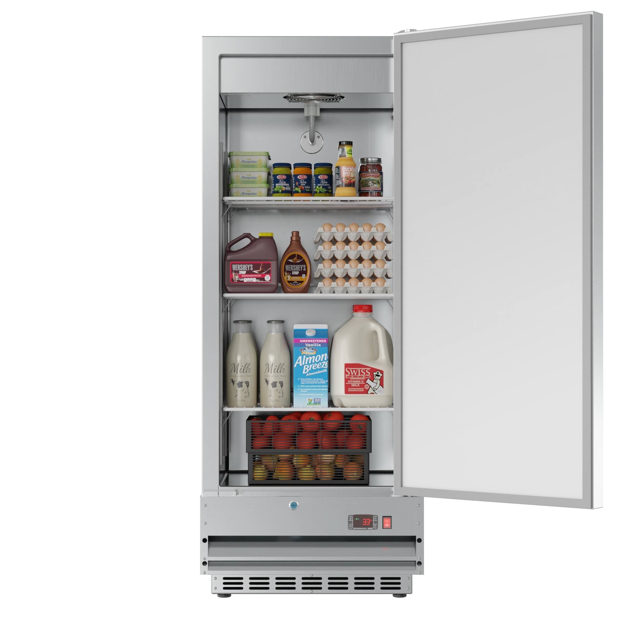The refrigerator is stocked with various food items, including milk, eggs, and apples. There are also several bottles of drinks, such as juice and soda, as well as a carton of eggs. The refrigerator is open, revealing the assortment of items inside.