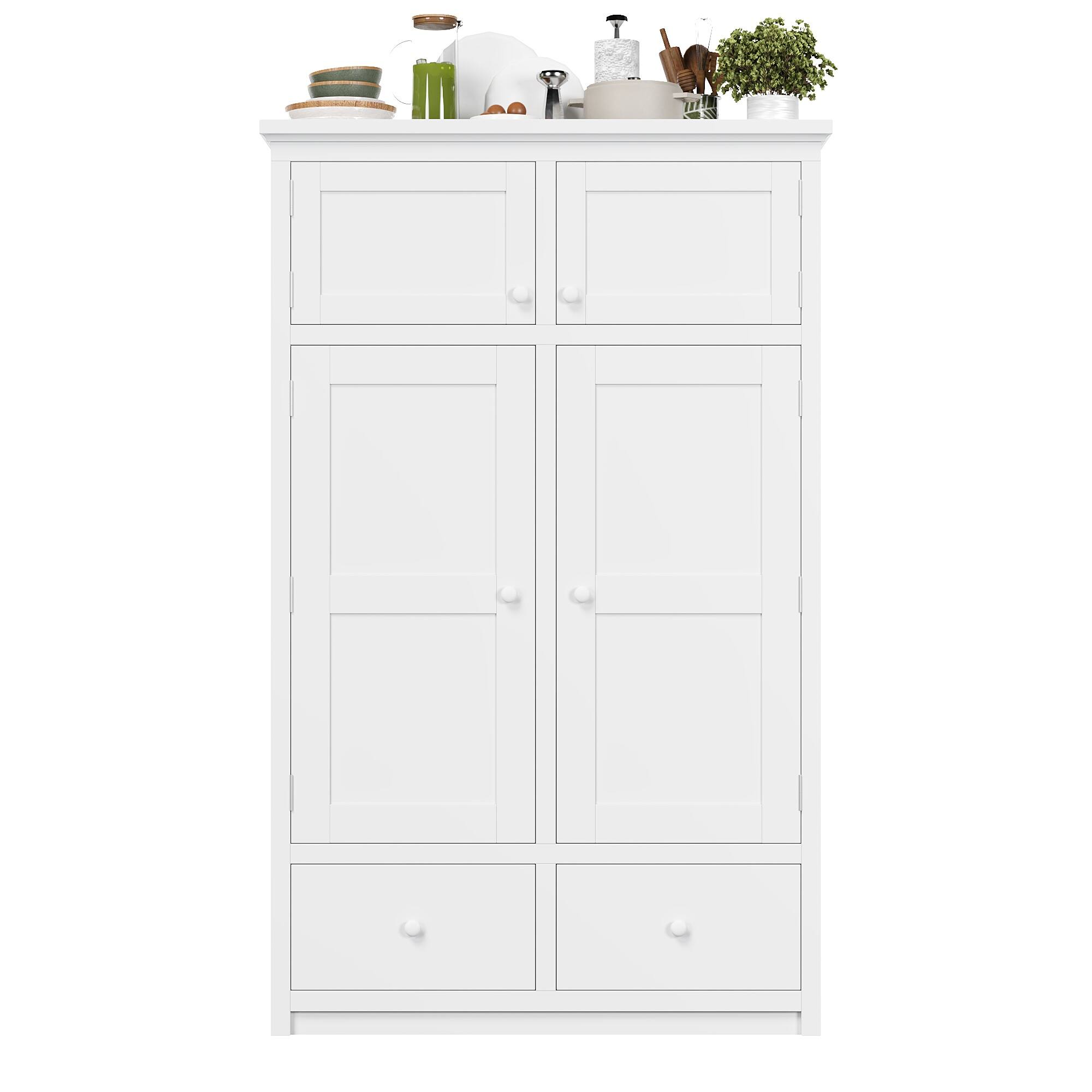 Back. Whisen - 46.5" W Kitchen Pantry Cabinet, Freestanding Storage Hutch with 6 Drawers & 8 Door Shelves - White.