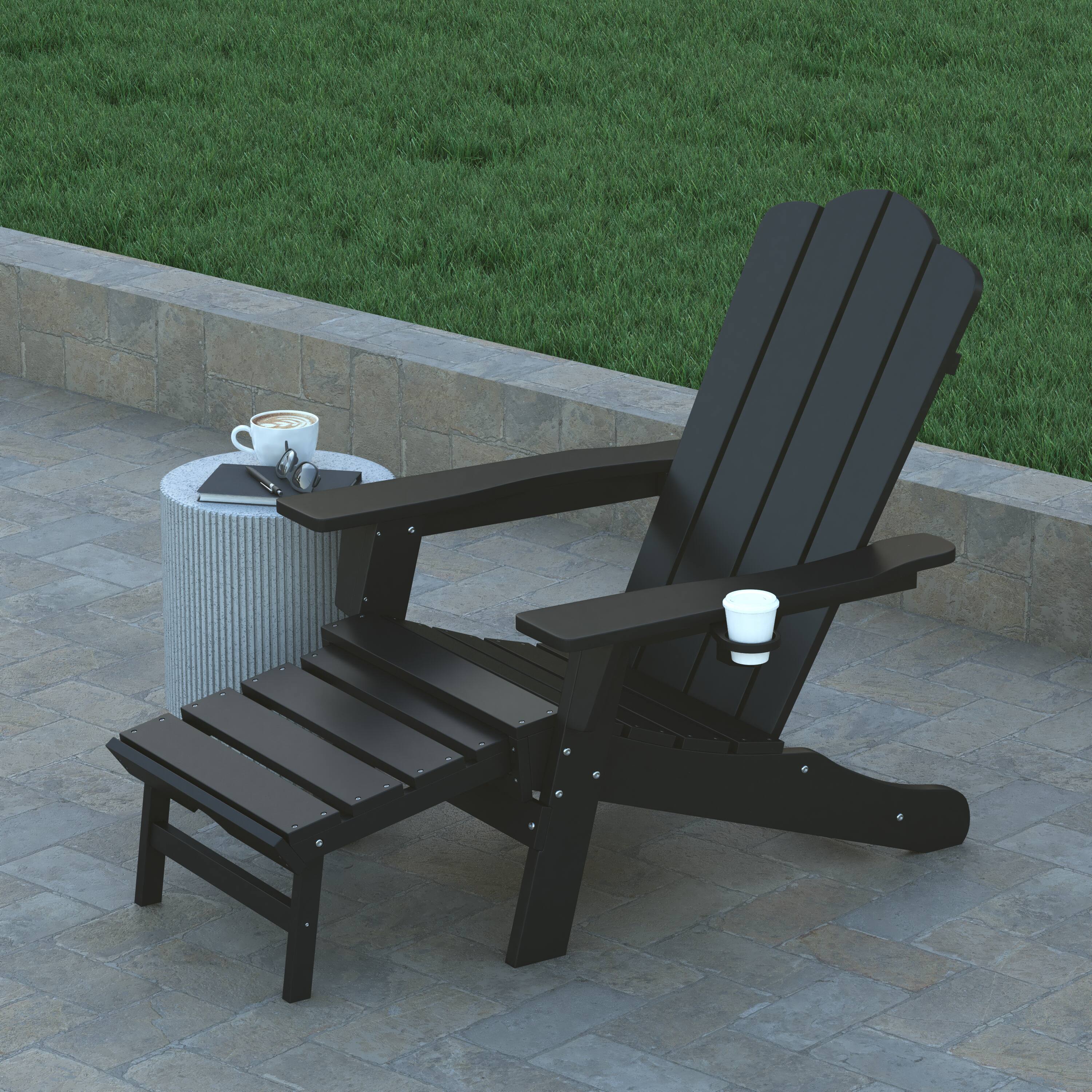Alt View 4. Emma + Oliver - Haley Set of 2 Adirondack Chairs with Cup Holders and Pull Out Ottoman, All-Weather HDPE Indoor/Outdoor Lounge Chairs - Black.