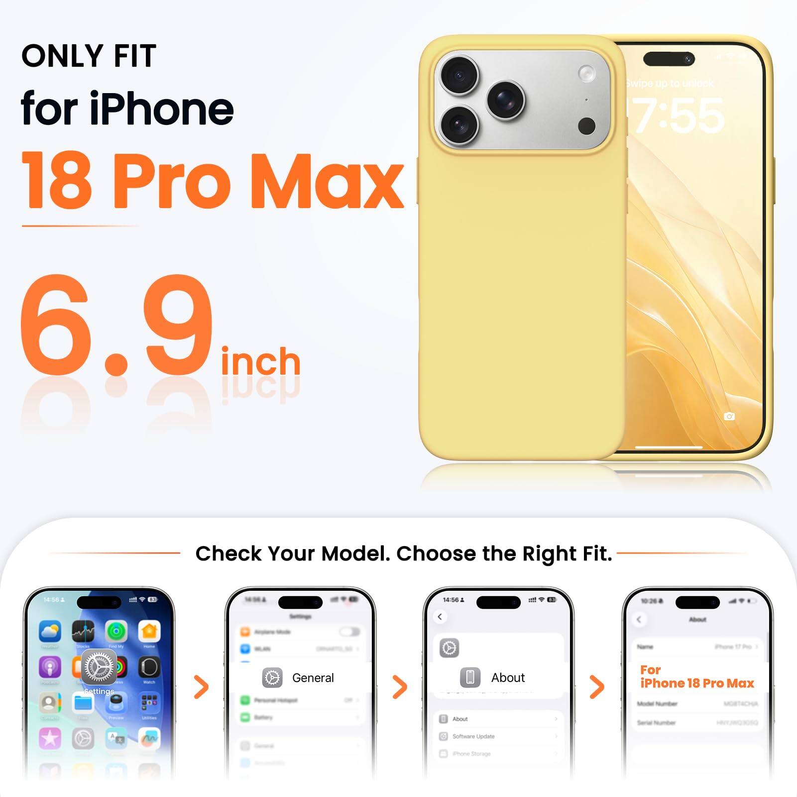 ONLY FIT for iPhone 18 Pro Max 6.9 inch

Swipe up to unlock 7:55

Check Your Model. Choose the Right Fit.

14:56

About

iPhone
Settings
Watch
General
About

For iPhone 18 Pro Max Model Number: MOBTACHA

Freems

Battery
About
Serial Number
Software Update
Phone Storage