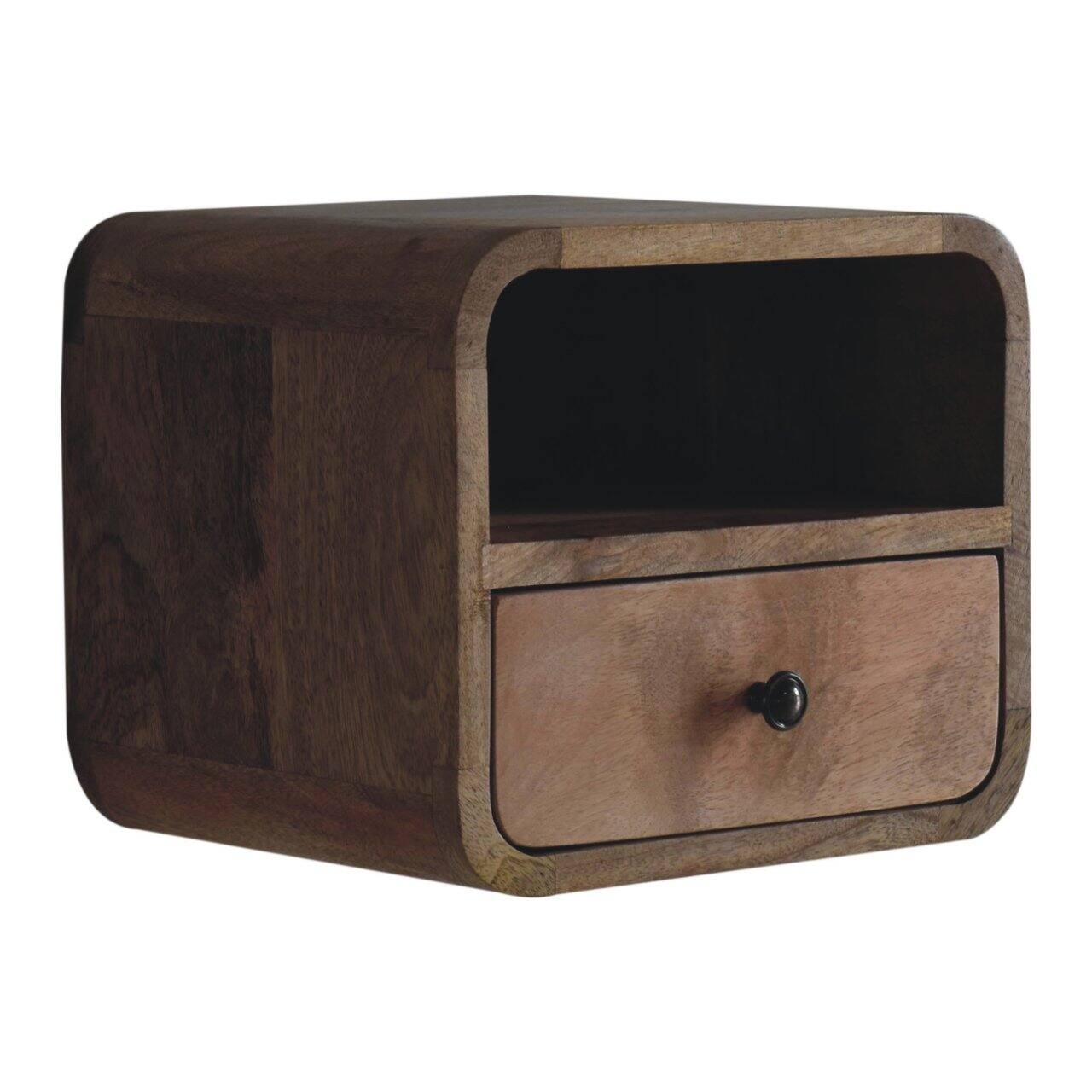 Back. Artisan Furniture - Artisan Furniture Solid Wood Extra Mini Wall Mounted Curved Oak-ish Bedside with Open Slot, 1 Drawer, Brown - Brown.