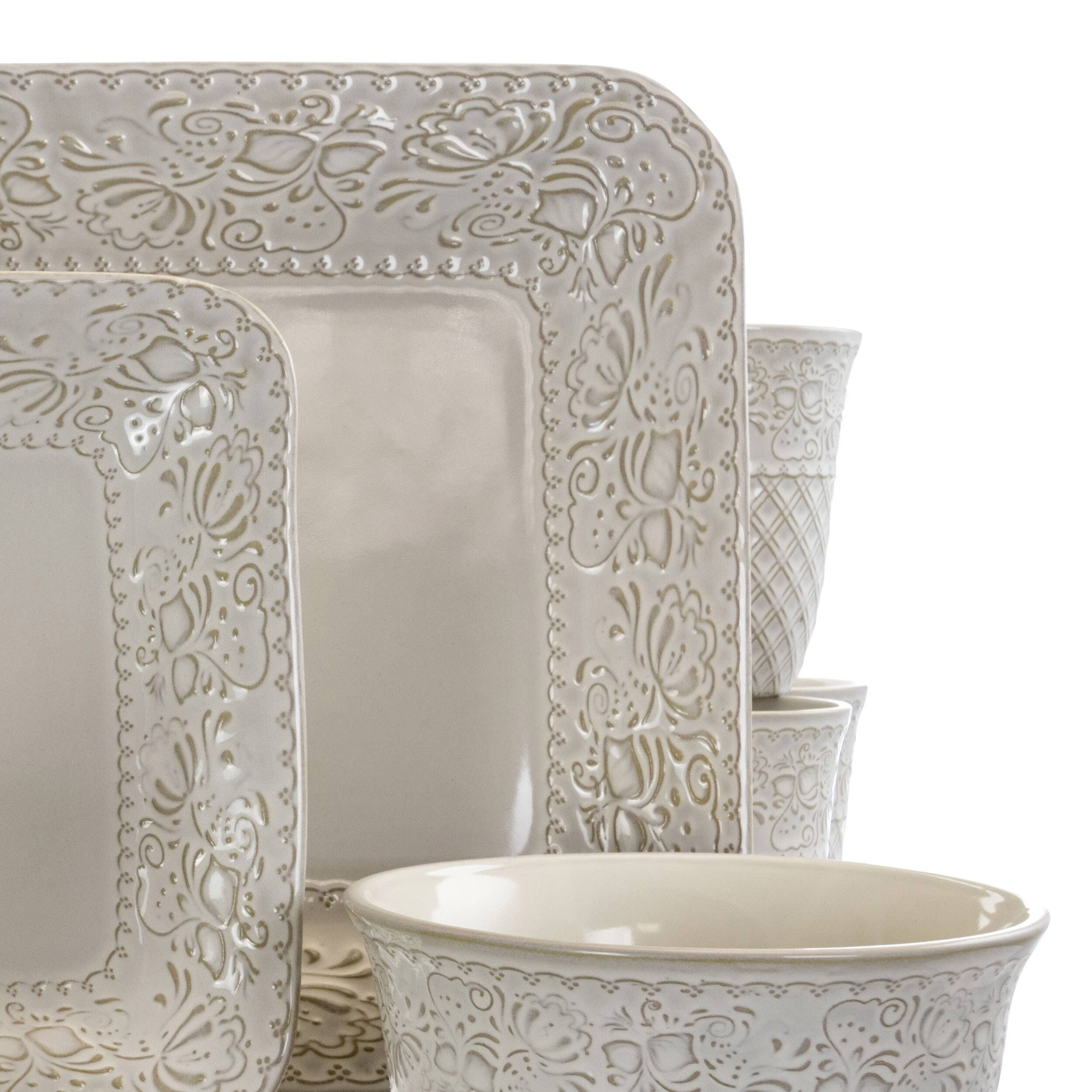 Alt View 5. Elama - Elama Ivory Lotus 16 Piece Square Dinnerware Set - Ivory.