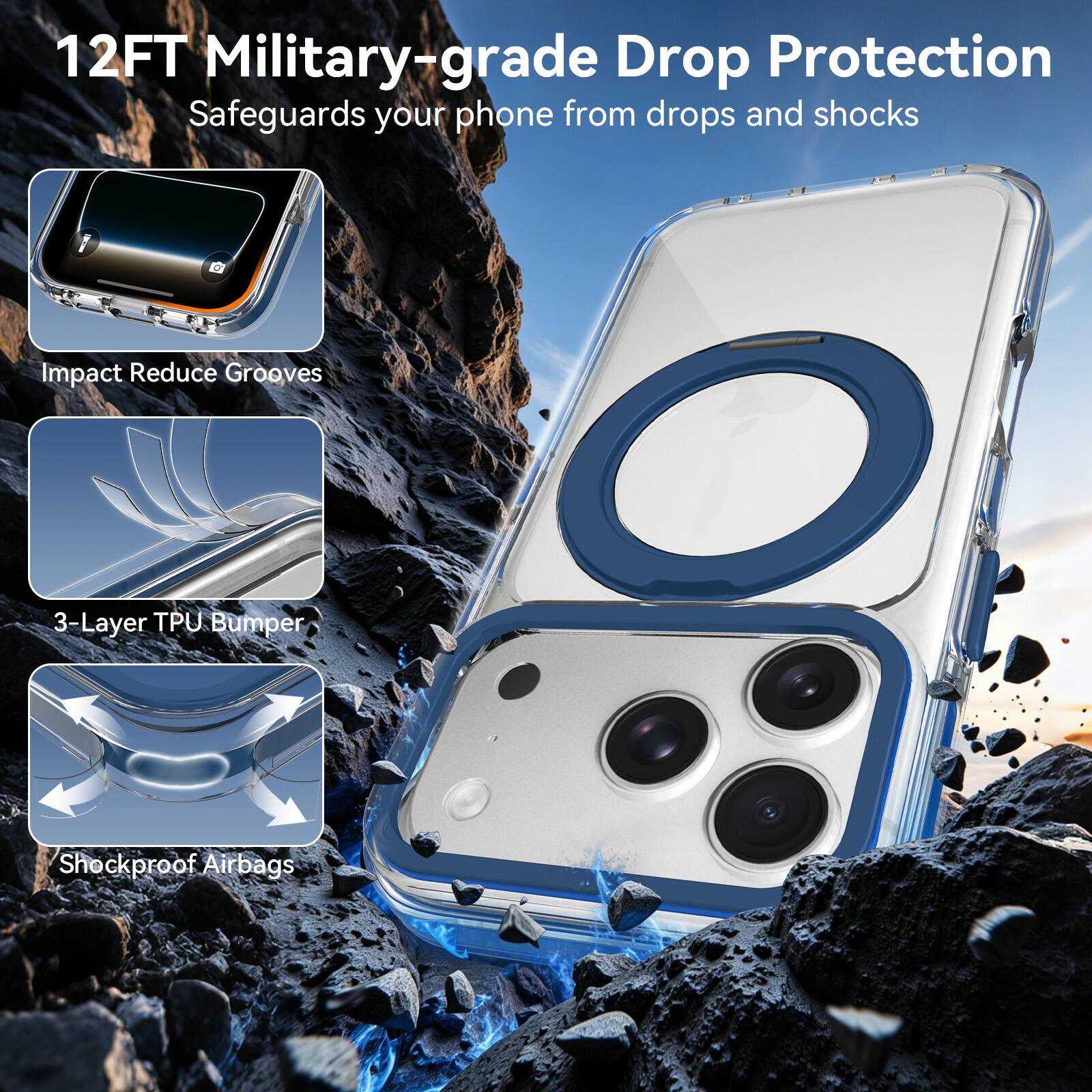 12FT Military-grade Drop Protection  
Safeguards your phone from drops and shocks

- Impact Reduce Grooves
- 3-Layer TPU Bumper
- Shockproof Airbags