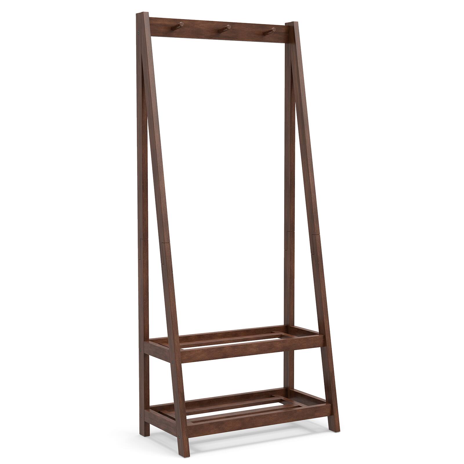Alt View 9. Gymax - Gymax Rubber Wood Garment Rack w/3 Hooks & 2 Shelves for Entryway Bedroom and Wardrobe - Walnut.