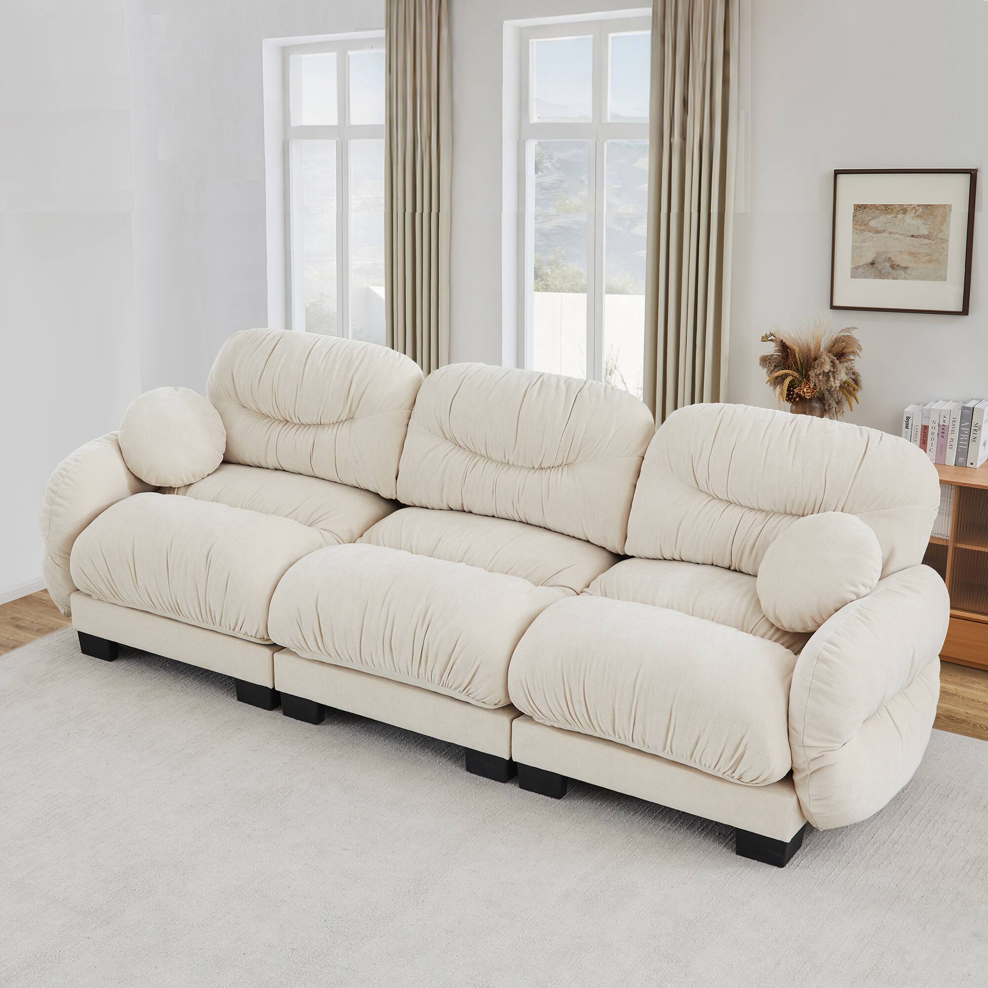 Angle. Anysun - 3 Seater Modular Sofa with Chenille Fabric, High-Density Foam & Curved Armrests, Pleated Design for Living Room - Beige.