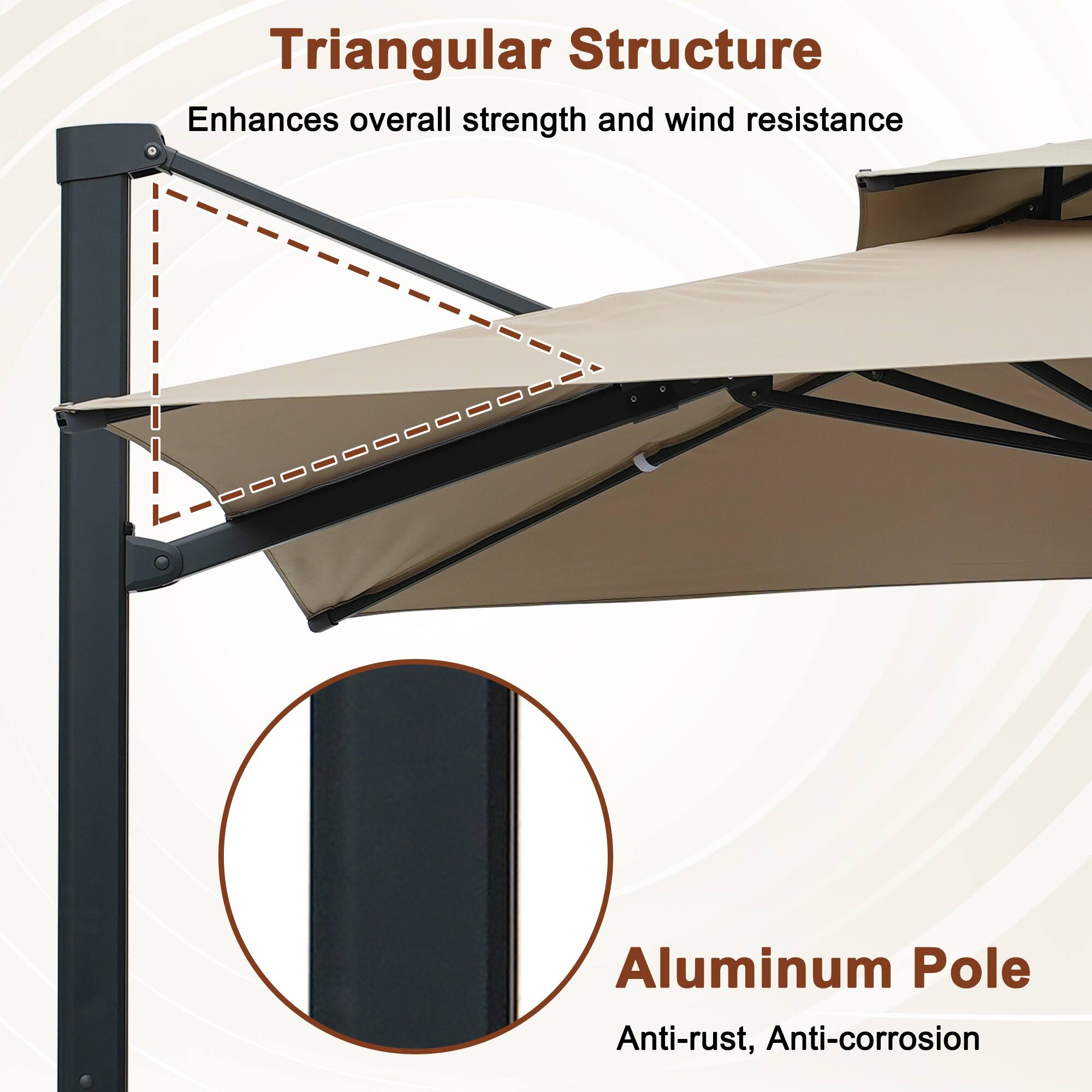 Triangular Structure  
Enhances overall strength and wind resistance  

Aluminum Pole  
Anti-rust, Anti-corrosion