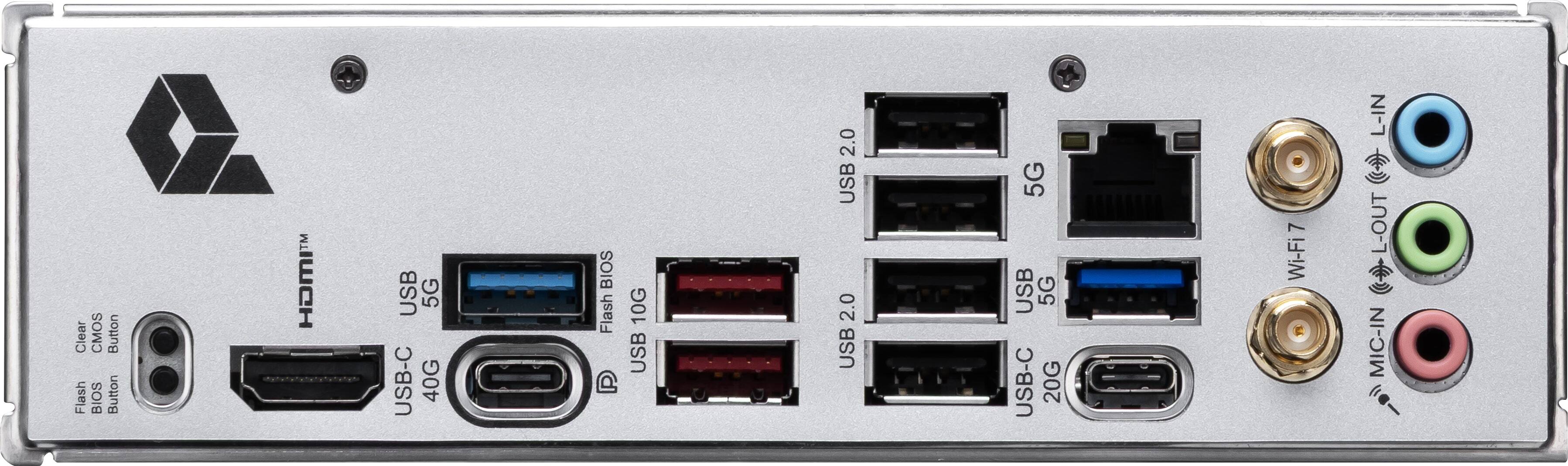 The text on the image reads:

Clear CMOS Button
Flash BIOS Button
USB 5G
USB-C
40G BIOS Flash
P 10G USB 2.0
USB 2.0
USB 5G
USB 5G
USB-C
20G
7 Wi-Fi
7 L-IN
C L-OUT
MIC-IN