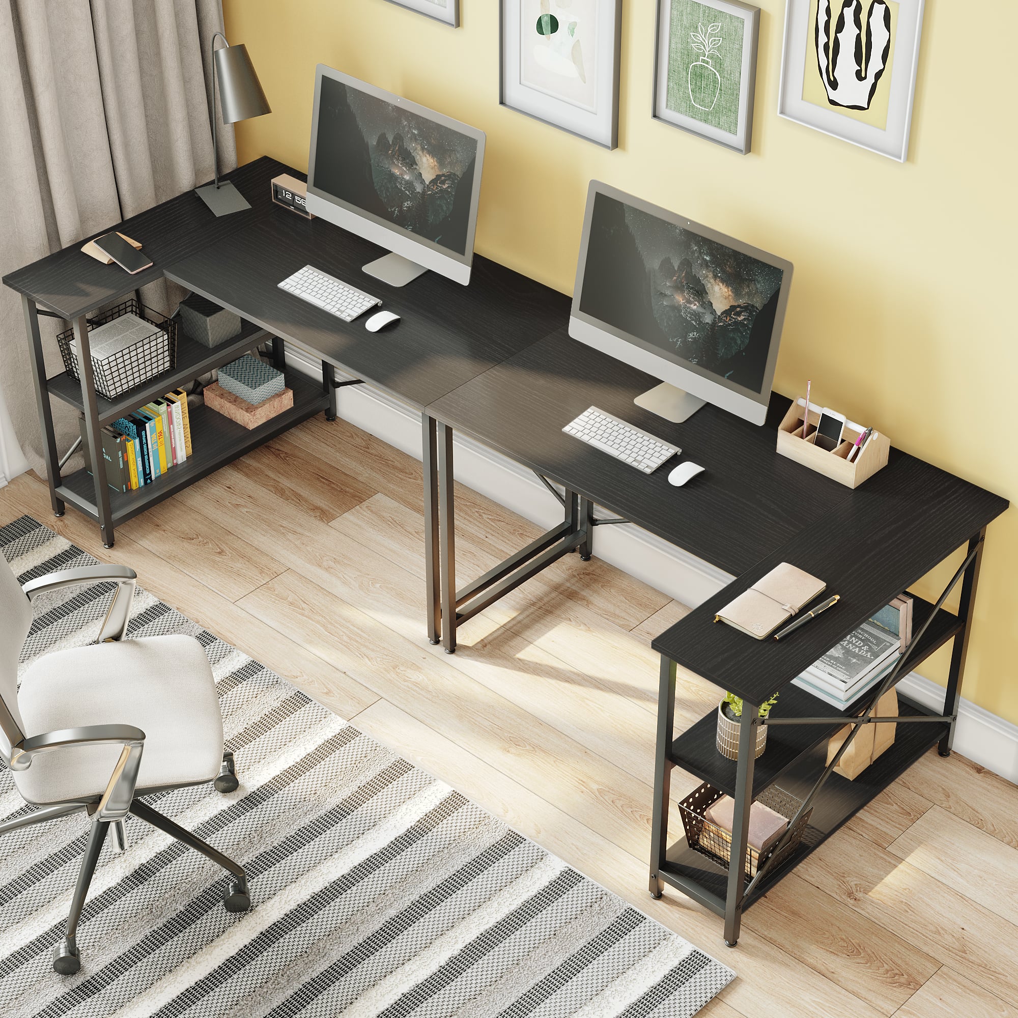 Angle. Bestier - Bestier L-Shaped Corner Computer Desk with Storage Shelf - 48" wide - Grained Black.