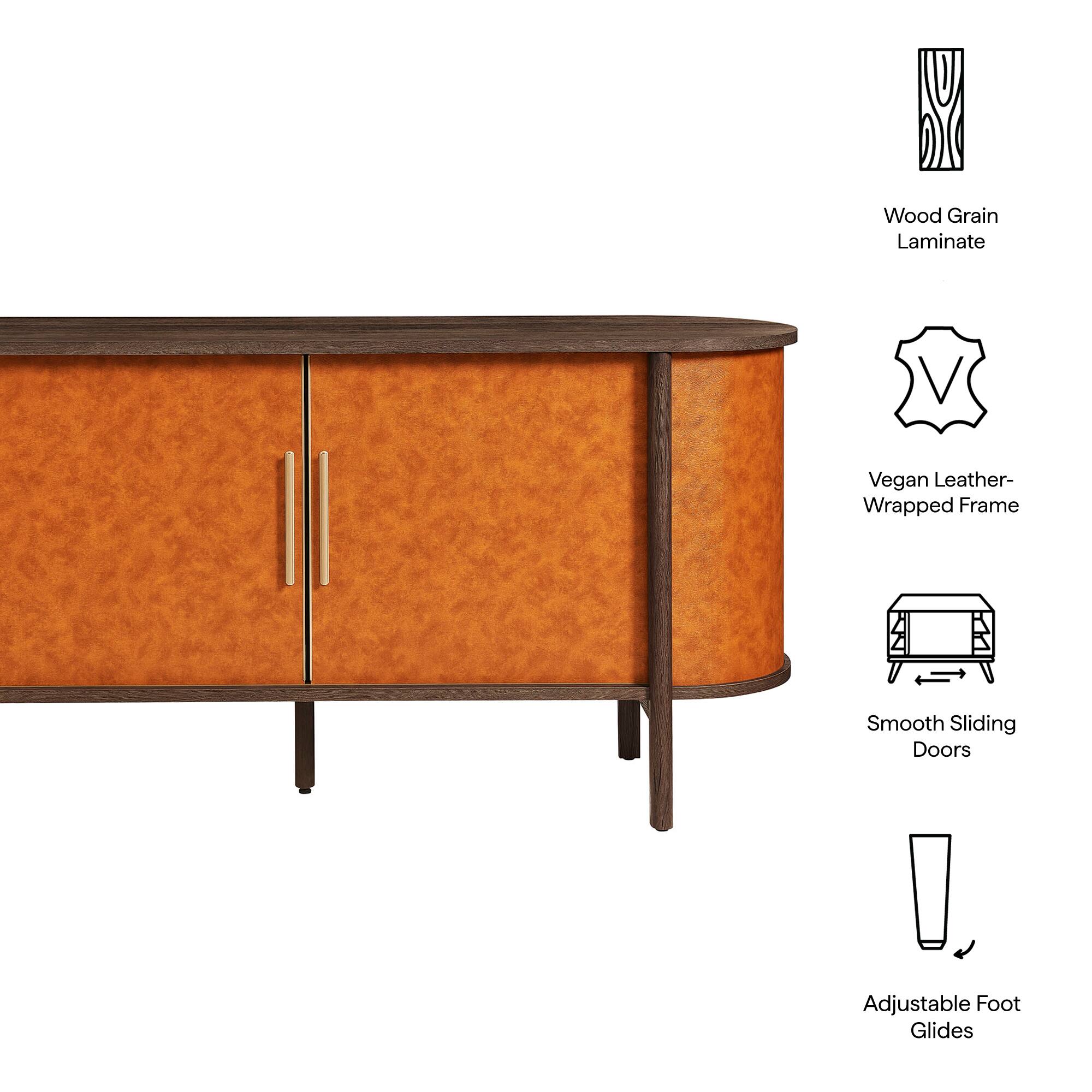 Wood Grain Laminate  
Vegan Leather-Wrapped Frame  
Smooth Sliding Doors  
Adjustable Foot Glides