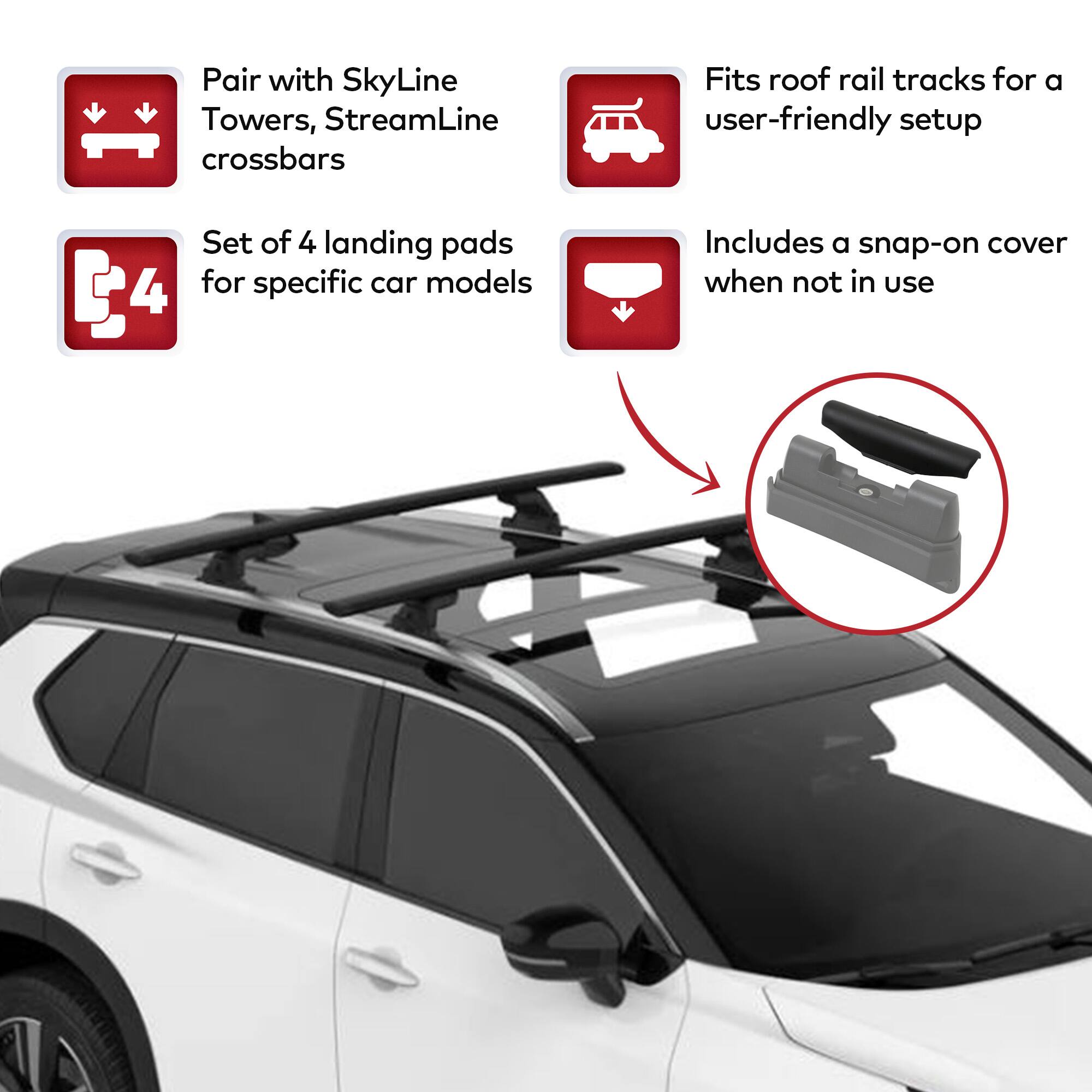 - Pair with SkyLine Towers, StreamLine crossbars
- Set of 4 landing pads for specific car models
- Fits roof rail tracks for a user-friendly setup
- Includes a snap-on cover when not in use