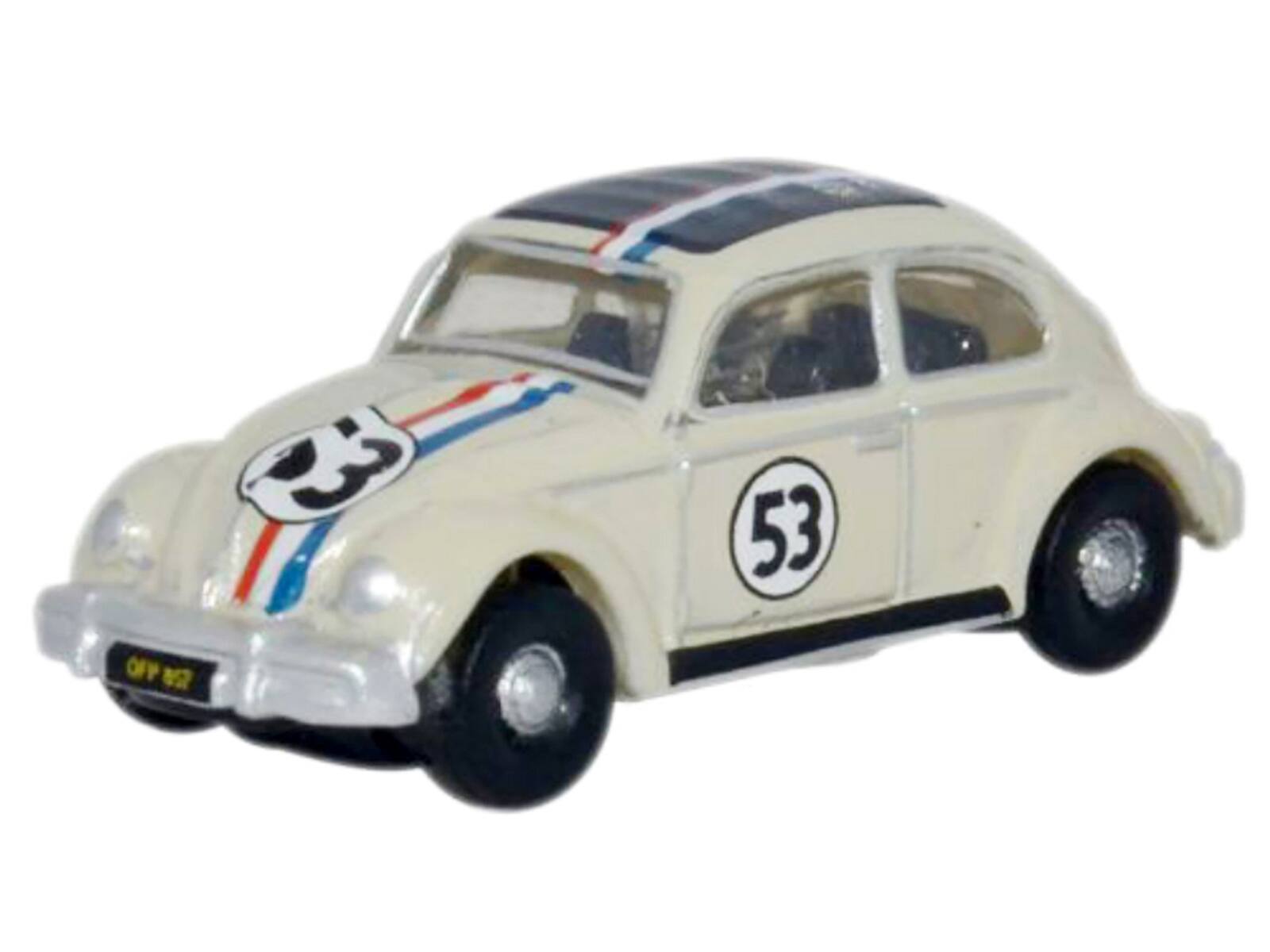 Alt View 1. Oxford Diecast - Volkswagen Beetle #53 Beige with Stripes and Black Top 1/148 (N) Scale Diecast Model Car by Oxford Diecast.