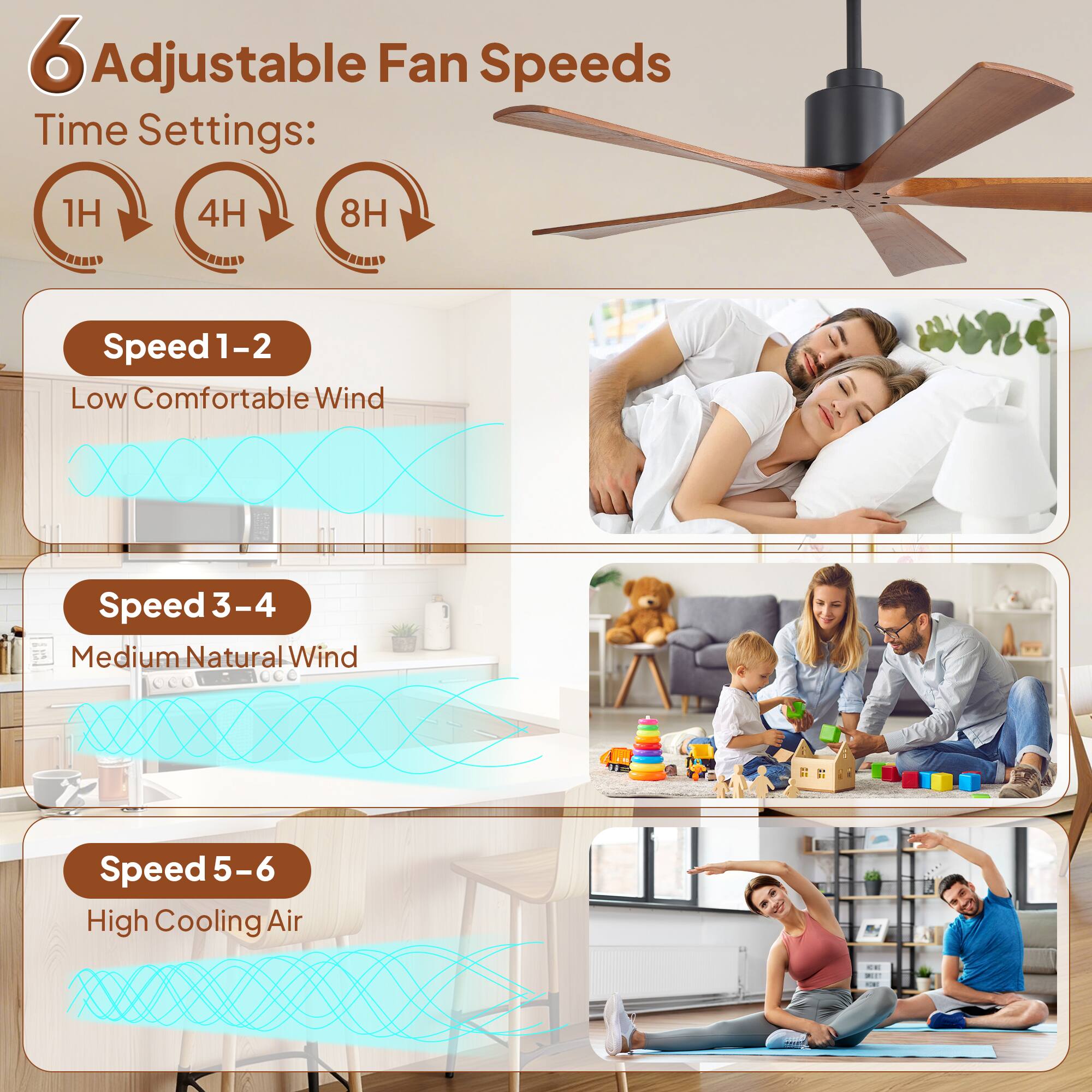 6 Adjustable Fan Speeds  
Time Settings:  
1H 4H 8H  

Speed 1-2  
Low Comfortable Wind  

Speed 3-4  
Medium Natural Wind  

Speed 5-6  
High Cooling Air