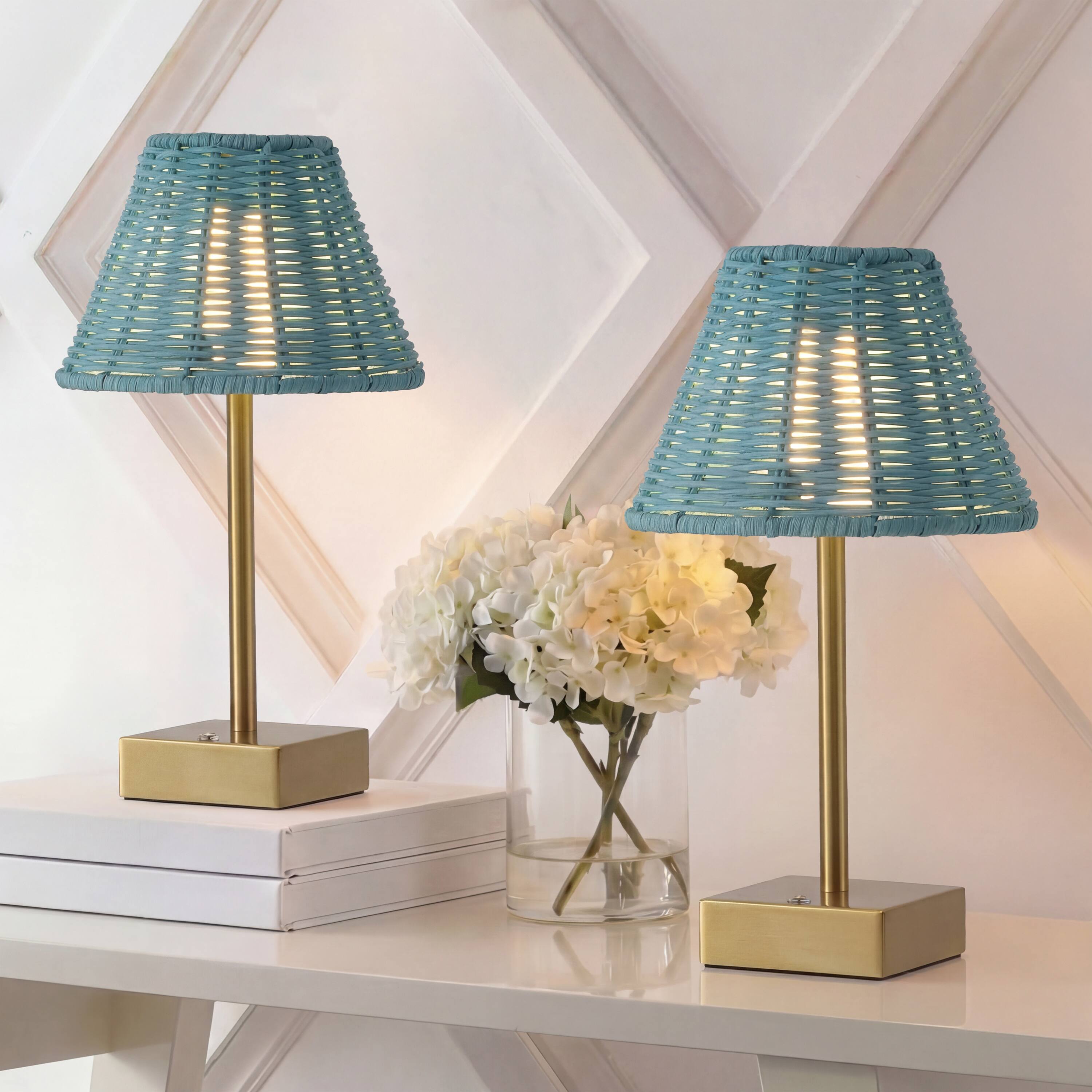 Alt View 1. Jonathan Y - Chester 11.25" Rechargeable Table Lamp Set of 2, Bohemian Brass Gold with Blue Rattan Shade, Touch Dimmable for Bedroom - Brass Gold.