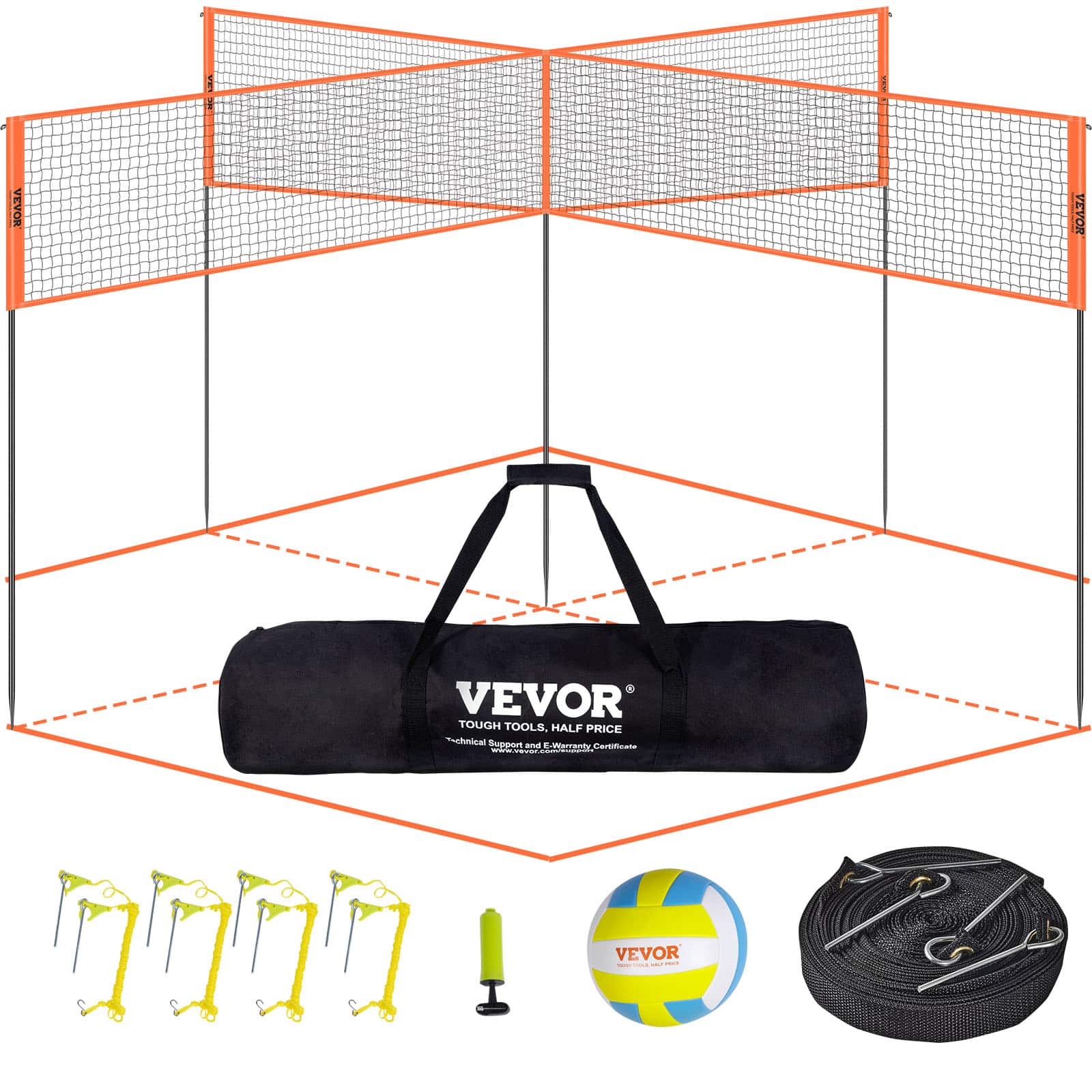 VEVOR - 4-Way Volleyball Net, Adjustable Height Badminton Net Set for Backyard Beach Lawn, Outdoor Portable Volleyball Net - Orange