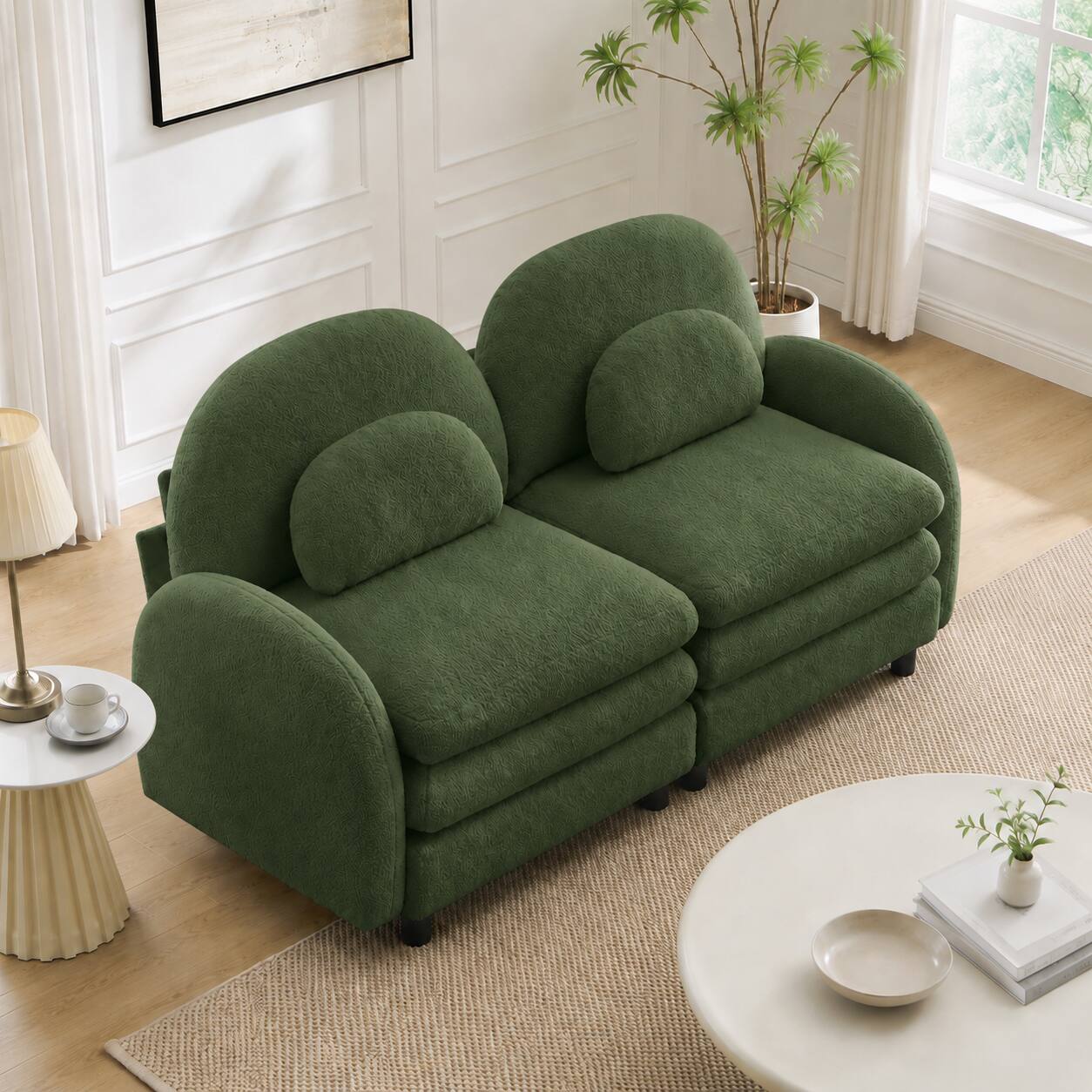 Left. Anysun - Teddy Fabric Cloud-Like Loveseat Sofa: Curved Back, Armrest, Lumbar Pillows, Modular 2-Seater, Double-Layer Cushion - Green.