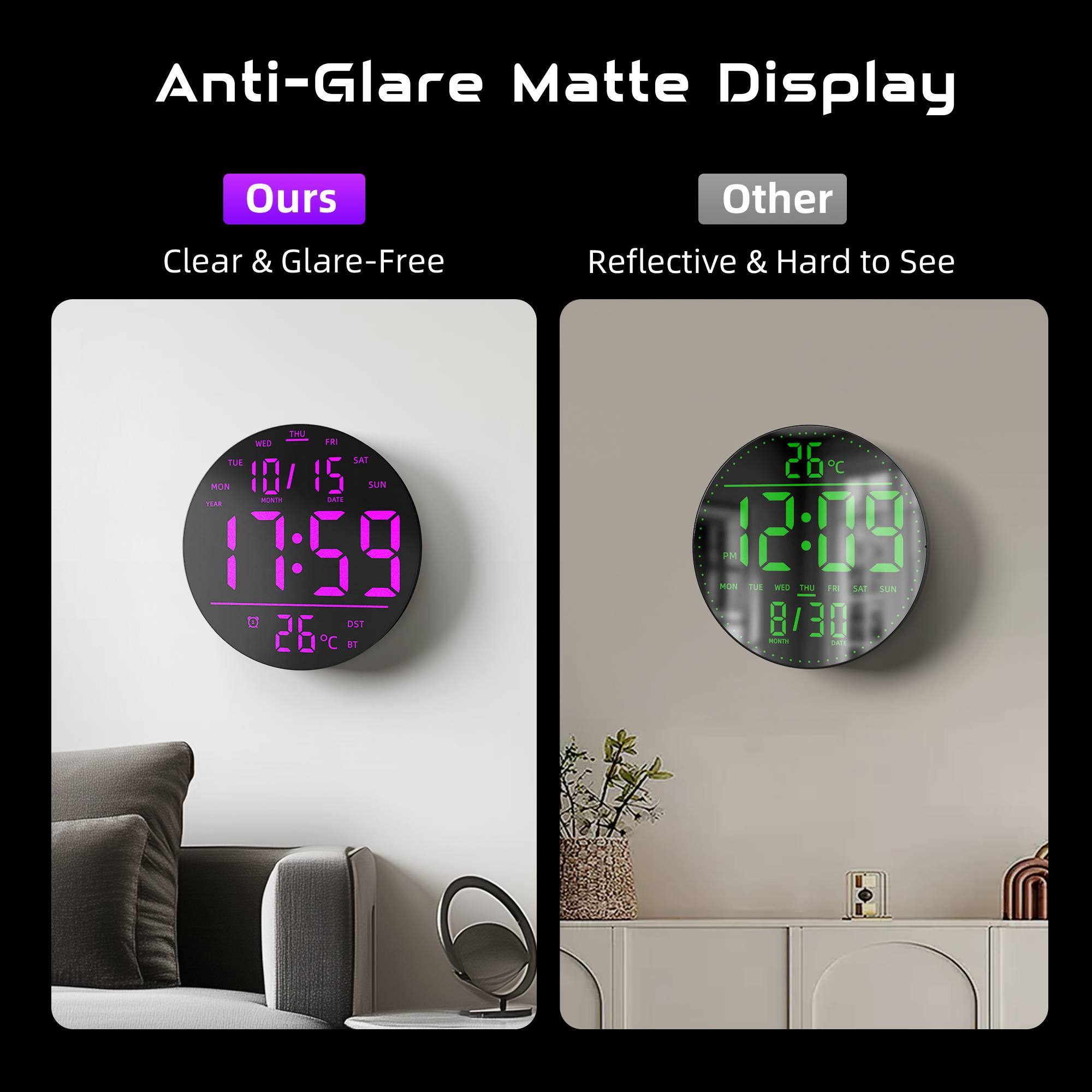 Anti-Glare Matte Display

Ours  
Clear & Glare-Free

Other  
Reflective & Hard to See

17:59  
26°C  
DST  
10/15  
WED

12:09  
26°C  
8/30