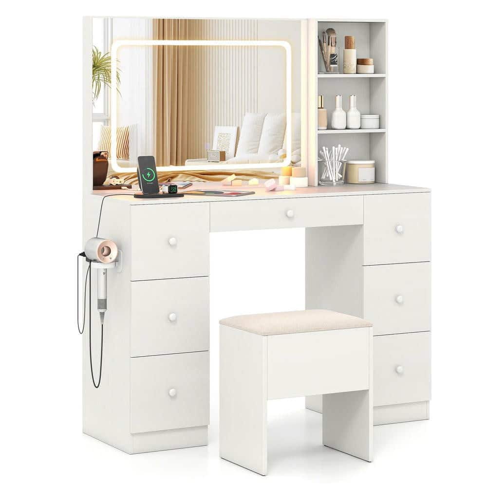 Kadyn - Vanity Set - Lighted Mirror, Dressing Table, Cushioned Stool, All-in-One Makeup Station - White