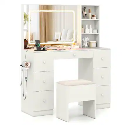 Front. Kadyn - Vanity Set - Lighted Mirror, Dressing Table, Cushioned Stool, All-in-One Makeup Station - White - White.