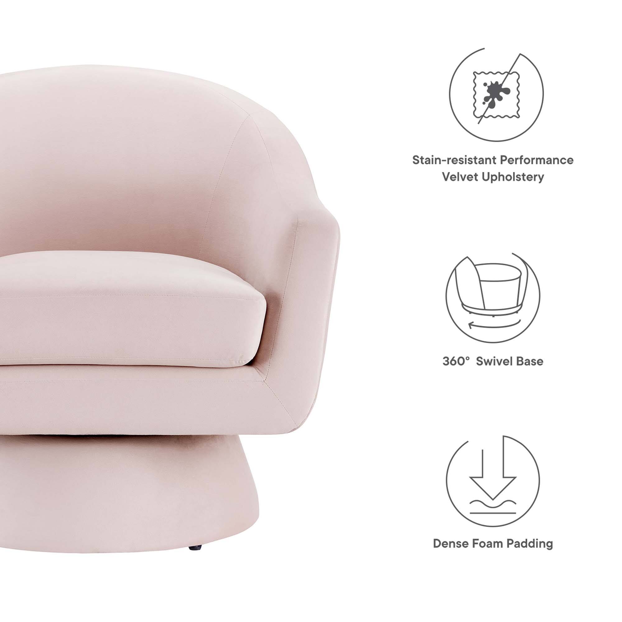 - Stain-resistant Performance Velvet Upholstery
- 360° Swivel Base
- Dense Foam Padding