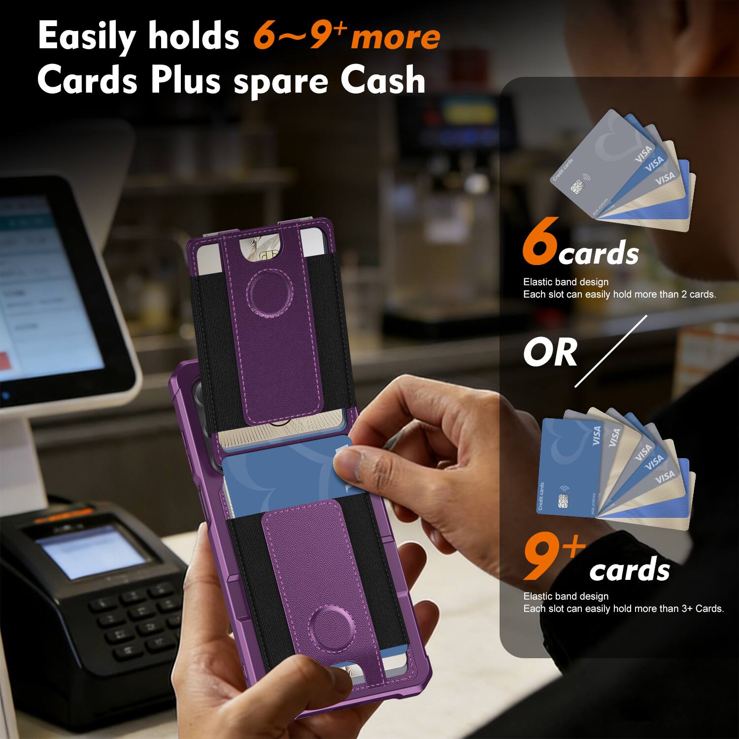 Easily holds 6~9+ more Cards Plus spare Cash

6 cards
Elastic band design
Each slot can easily hold more than 2 cards.

OR

9+ cards
Elastic band design
Each slot can easily hold more than 3+ Cards.