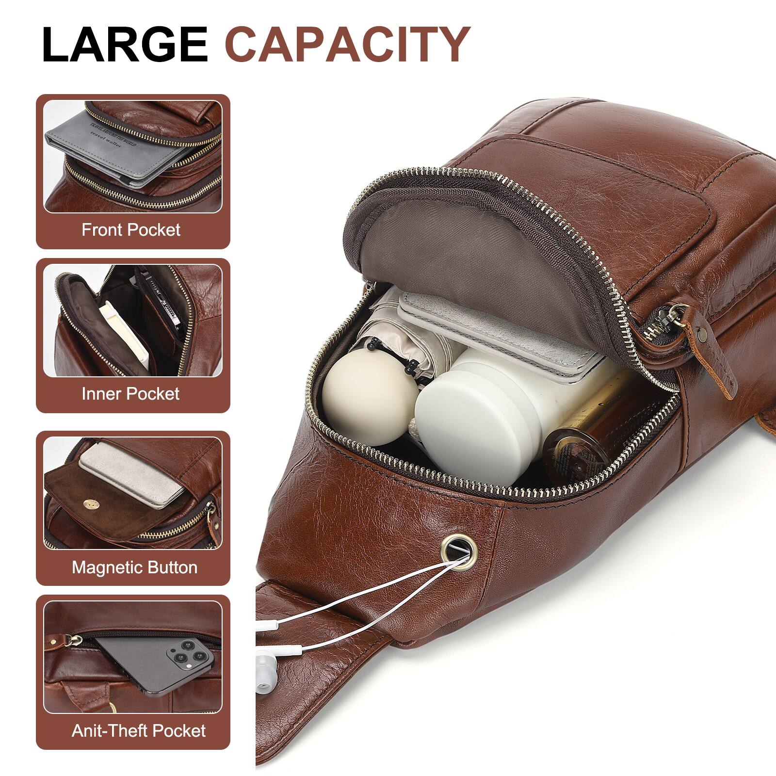 LARGE CAPACITY

- Front Pocket
- Inner Pocket
- Magnetic Button
- Anti-Theft Pocket