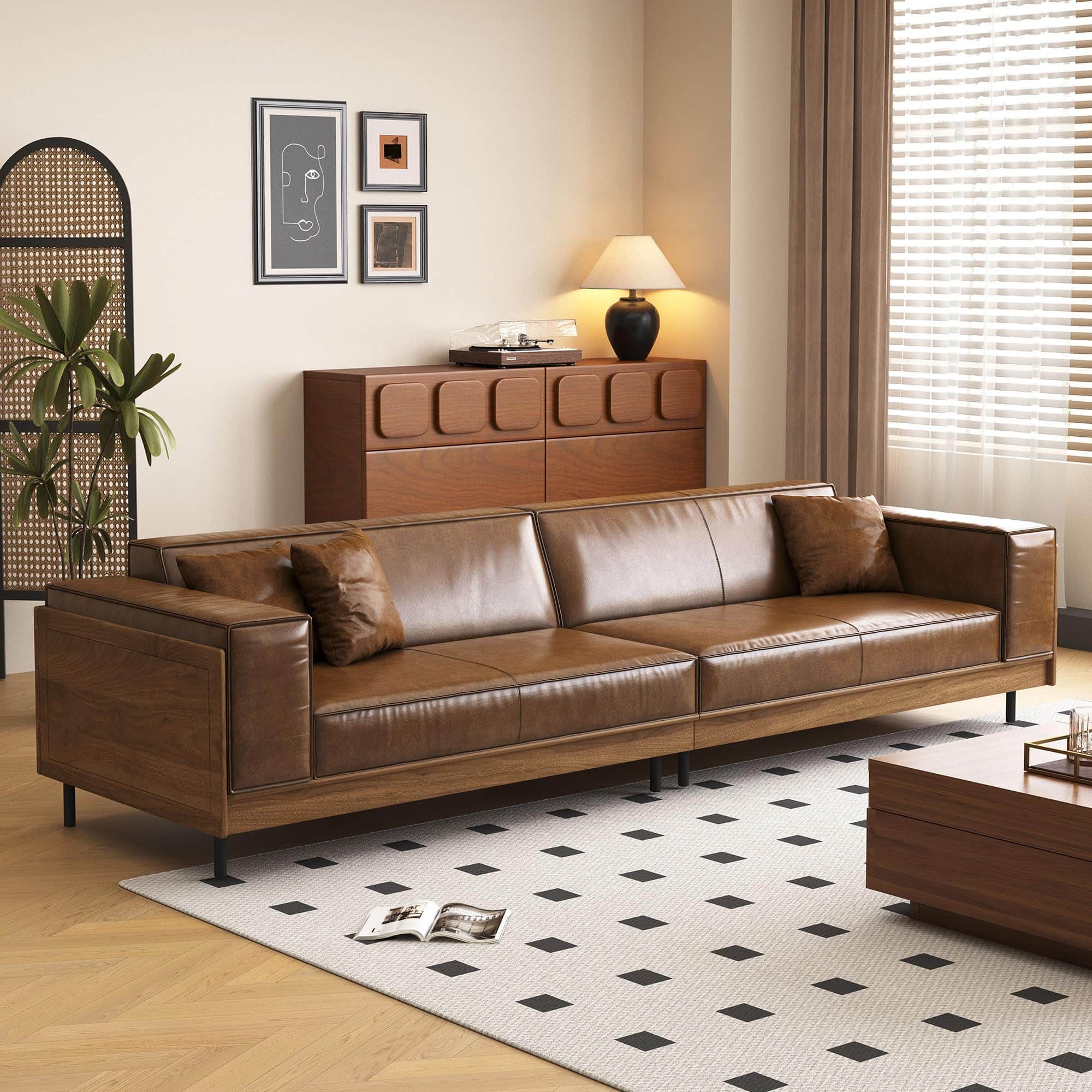 luck idea - Mid-century Modern Leather Sofa With Wooden Accents, 4-seater Living Room Couch With 3 Throw Pillows - Brown