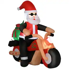 Homcom - 6ft Inflatable Santa on Motorcycle with Toy Bag, Outdoor Blow-Up Yard Decoration with LED Lights - White, Red and Green
