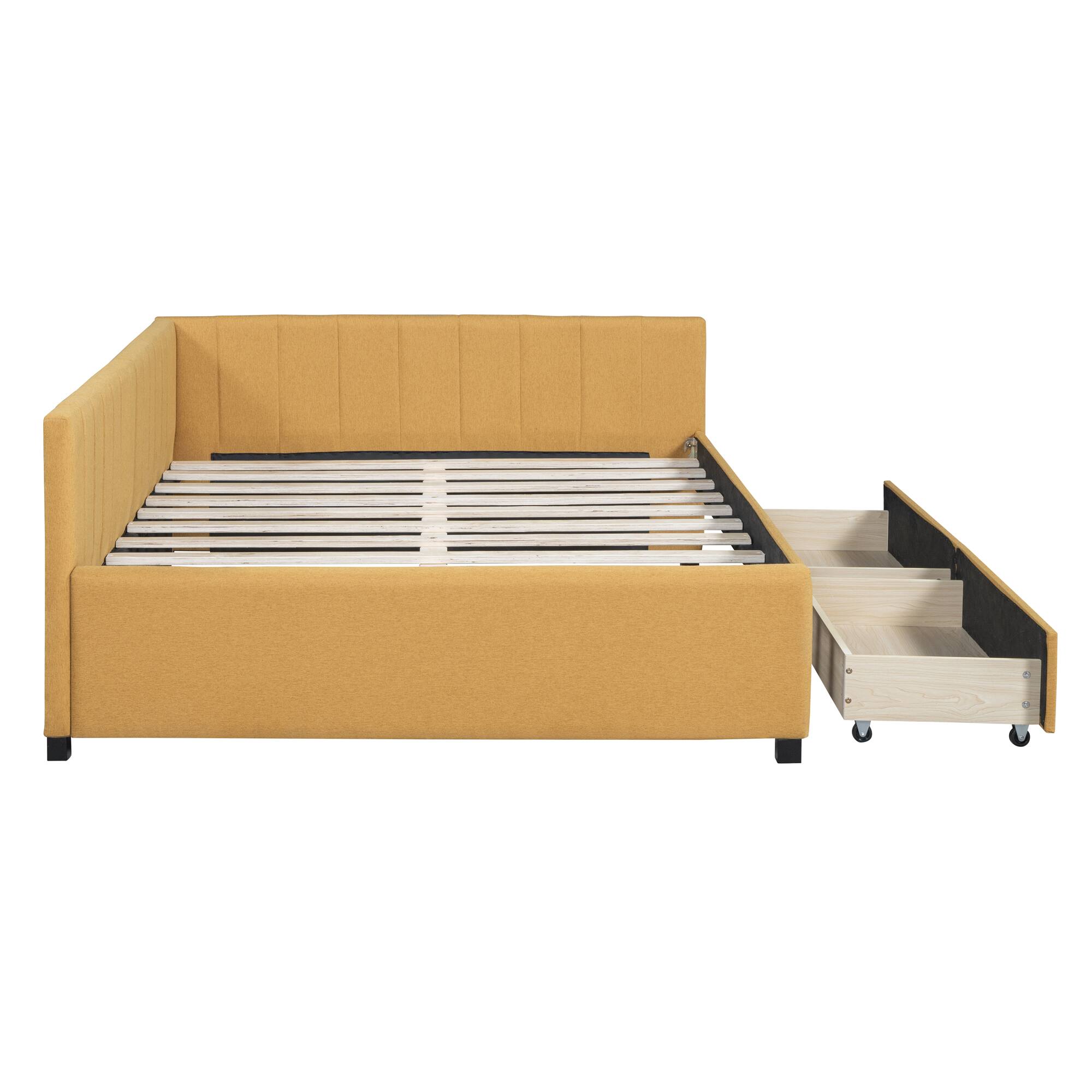Alt View 1. Tiramisubest - Full Size Upholstered Daybed with 2 Storage Drawers Sofa Bed Frame No Box Spring Needed, Linen Fabric (Yellow) - Yellow.