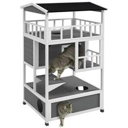 Pawhut - Outdoor Cat House with Asphalt Roof, Escape Doors, Condo, Jumping Platform