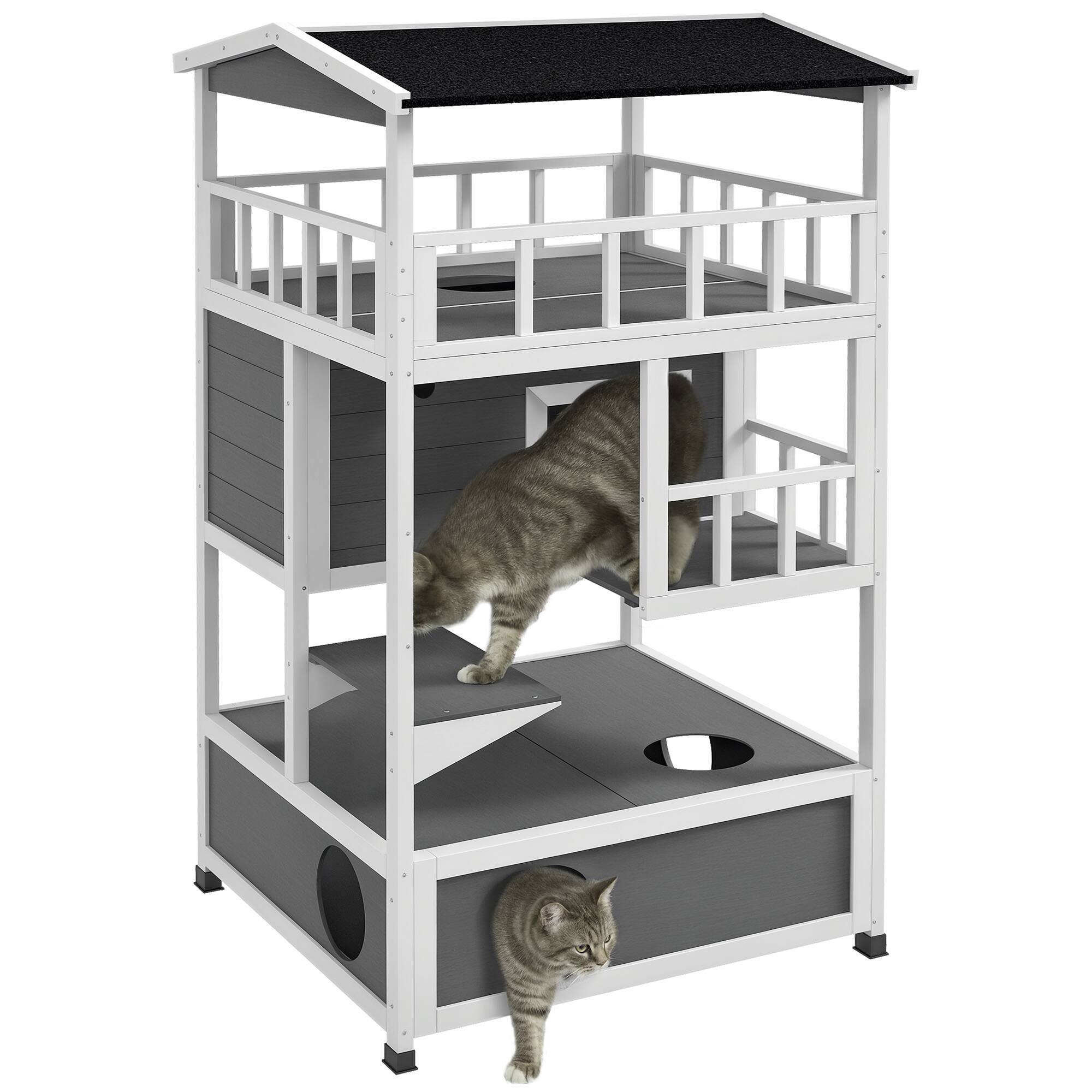 Front. Pawhut - Outdoor Cat House with Asphalt Roof, Escape Doors, Condo, Jumping Platform.