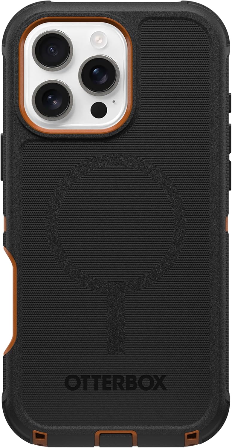 Left. OtterBox - OtterBox iPhone 16 Pro Max, Defender Series Case - Case Only - Built-in Magnets - Rugged & Durable, with Port Protection - Iron Eclipse (Black & Orange).