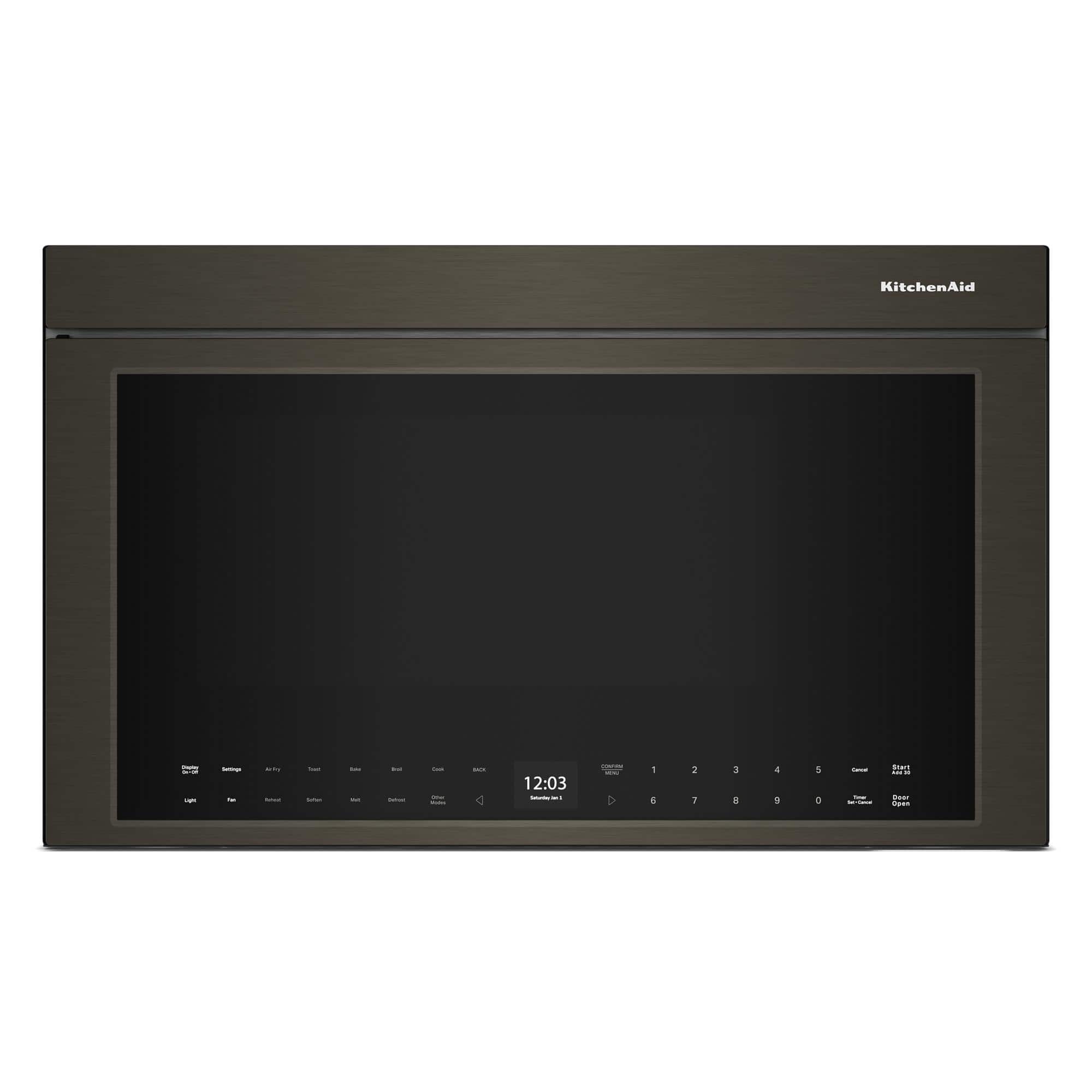 Front. KitchenAid - 1.1 Cu. Ft. Convection Flush Built-In Over-the-Range Microwave with Air Fry Mode - Black Stainless.