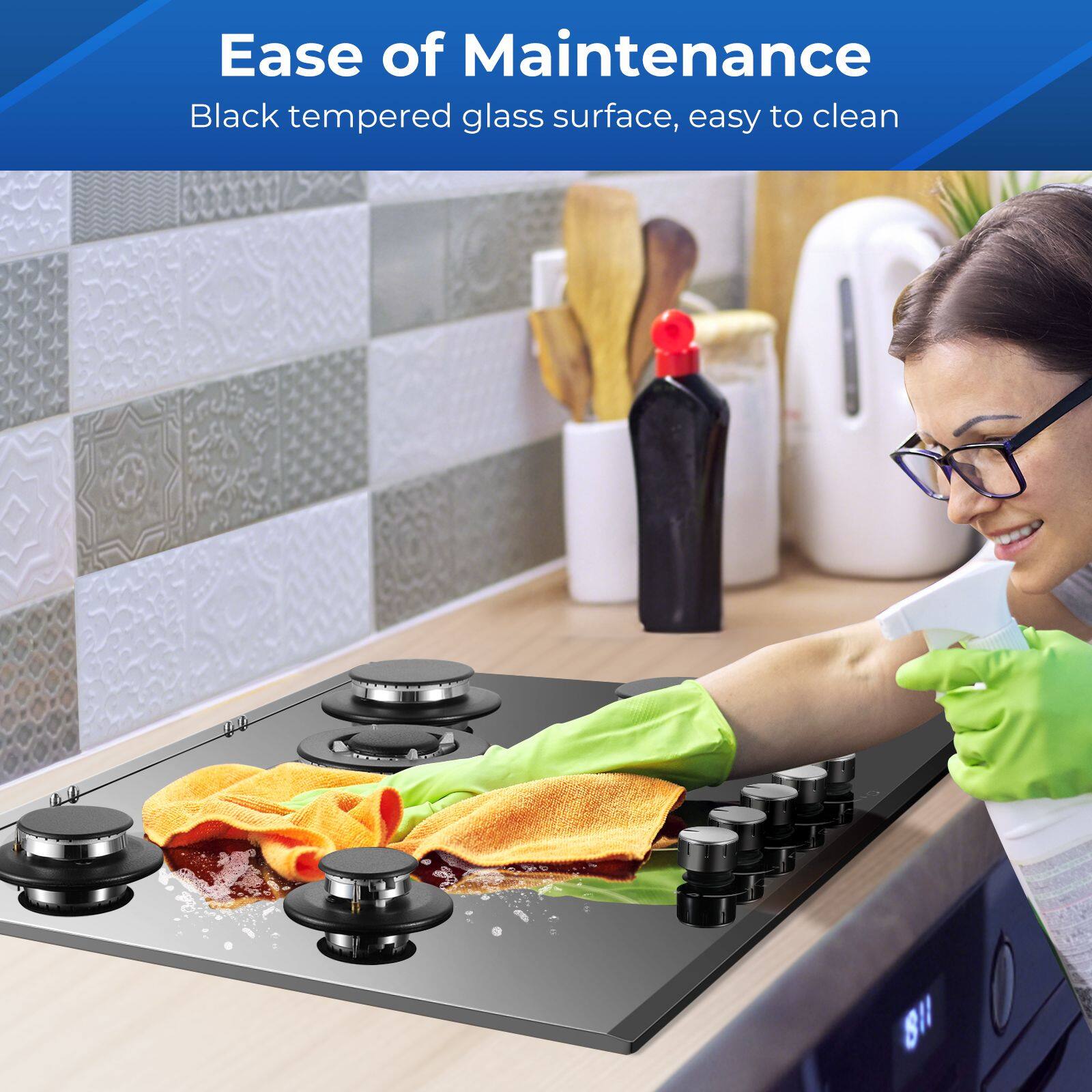 Ease of Maintenance  
Black tempered glass surface, easy to clean