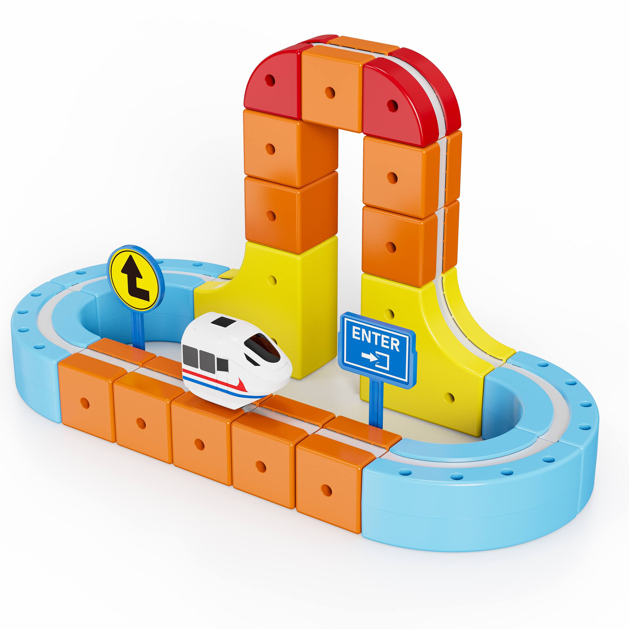 Left. Contixo - MT2 Magnetic Train Track Building Set, 150-Piece 3D Snap-Fit Track with Vertical Climbing & 2 Magnetic Trains.