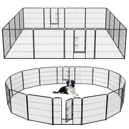 Front. WELLFOR - 16-Panel 32" Height Heavy Duty Dog Playpen with Lock and Large Door , Metal Pet Fence for Indoor/Outdoor Use - Black.