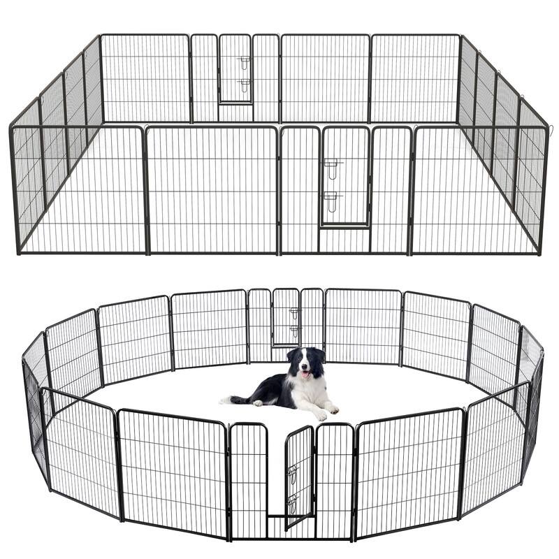 Front. WELLFOR - 16-Panel 32" Height Heavy Duty Dog Playpen  with Lock and Large Door , Metal Pet Fence for Indoor/Outdoor Use - Black.