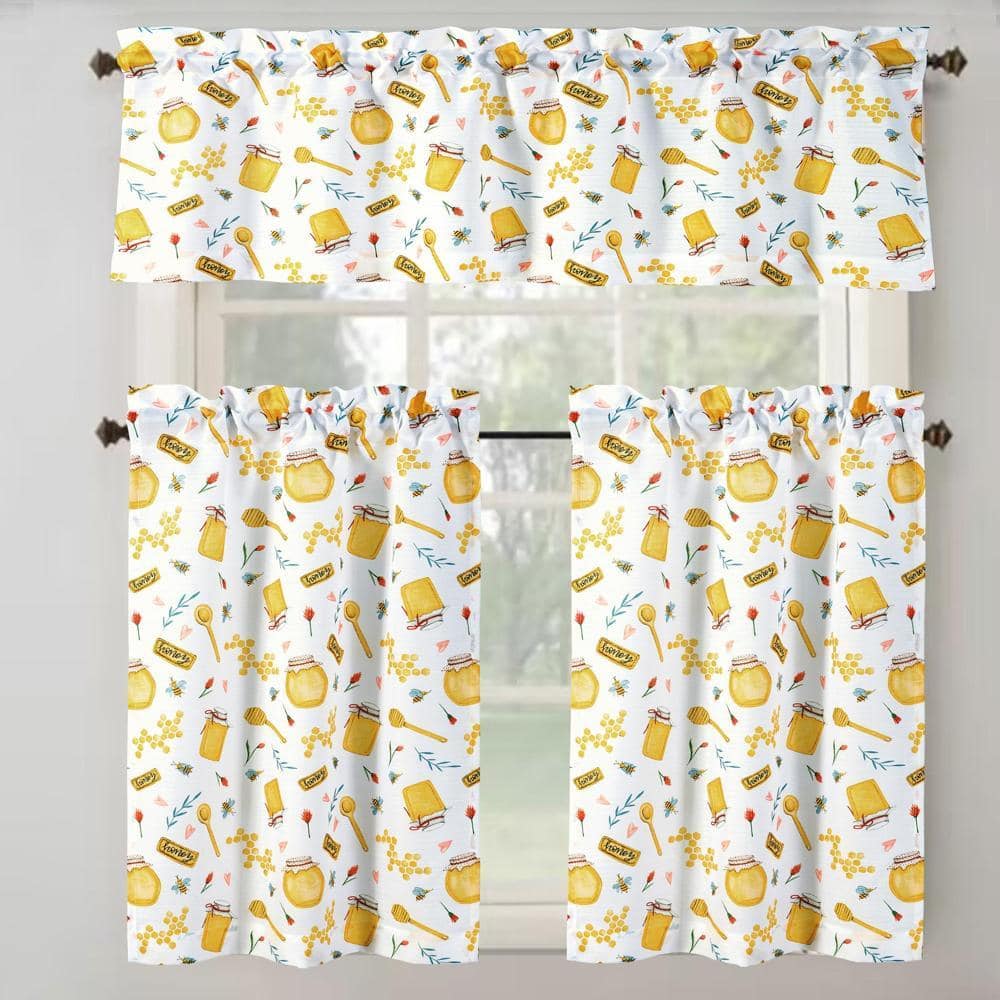 RT Designers Collection - RT Designer's Collection Tribeca Honey Printed Slub Curtain Set With 1 Valance 52" x 18" 2 Tiers 26" x 36" Multi Color - Multicolor